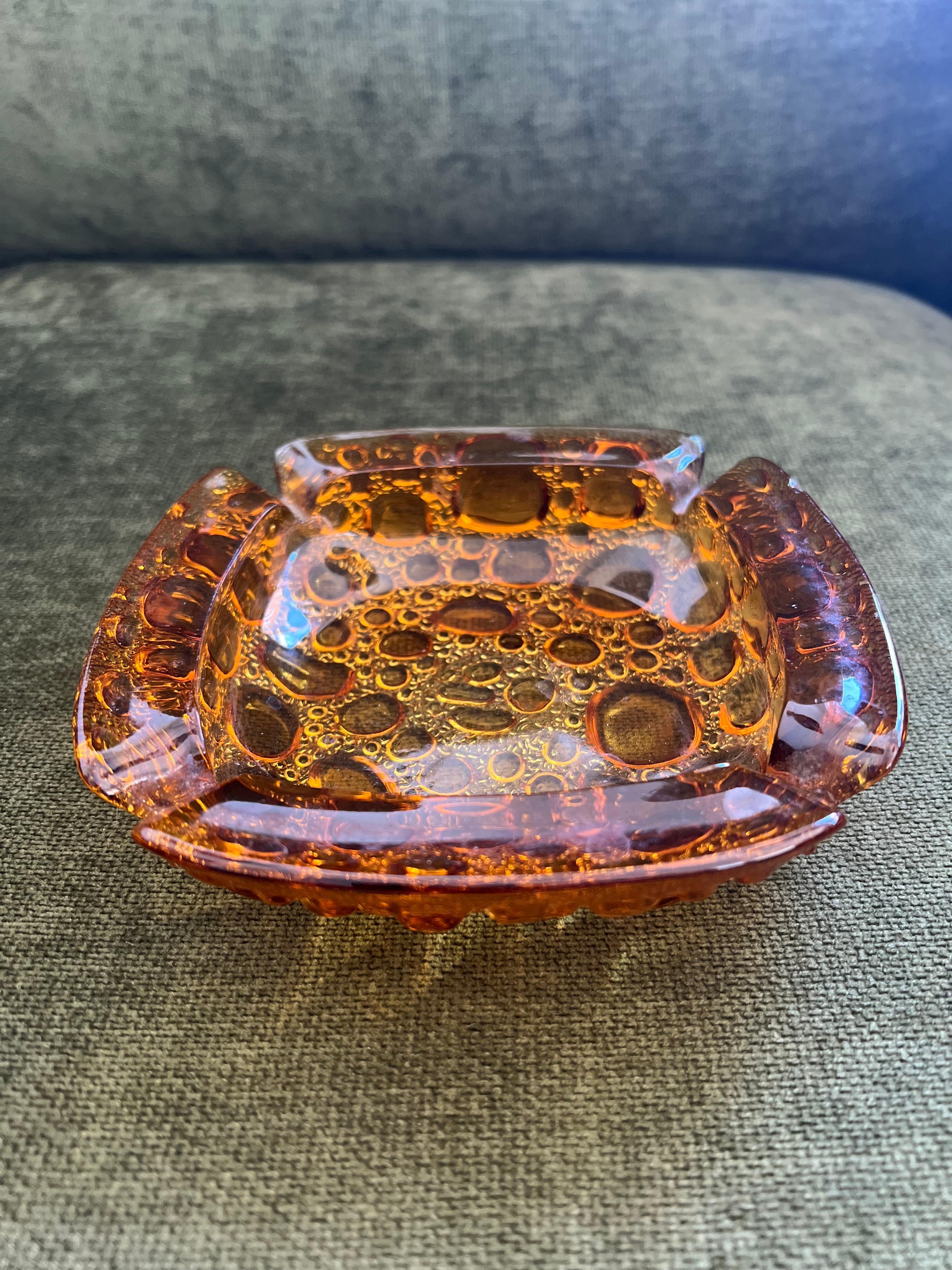 Vintage Mid Century Modern Amber Yellow LIBBEY Ashtray Bubble Pebble Glass 4
