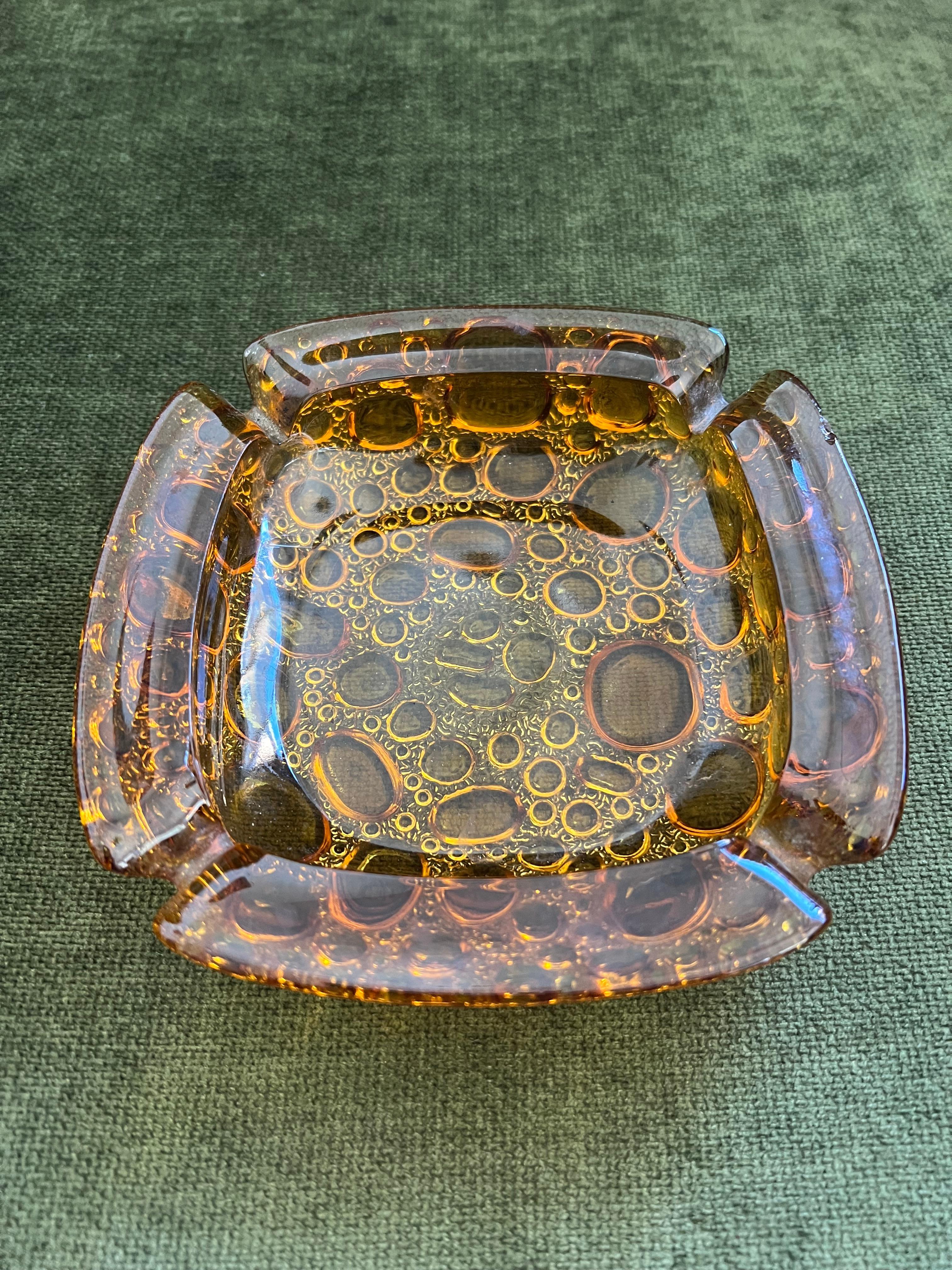 Vintage Mid Century Modern Amber Yellow LIBBEY Ashtray Bubble Pebble Glass 6