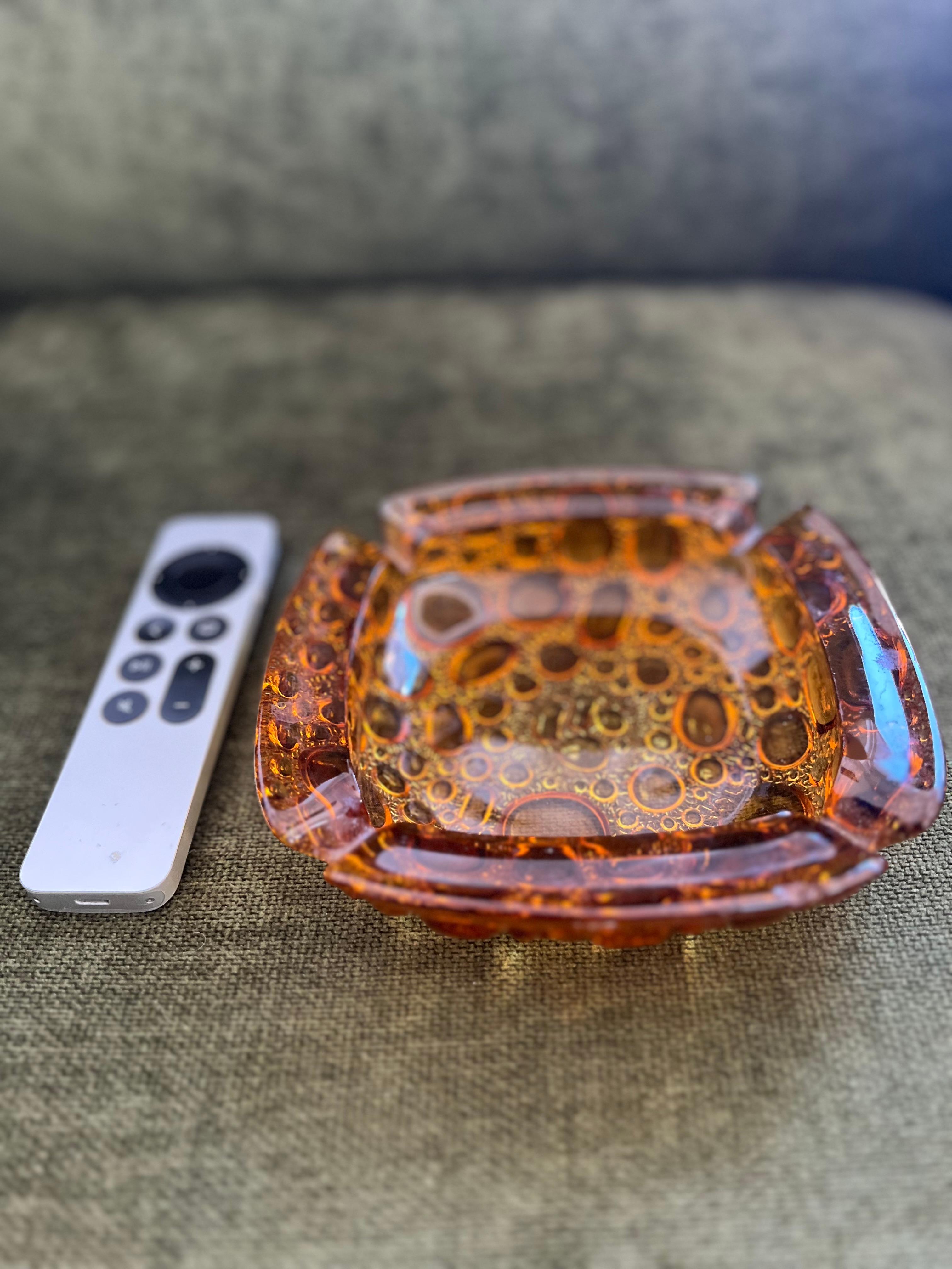 Vintage Mid Century Modern Amber Yellow LIBBEY Ashtray Bubble Pebble Glass 7