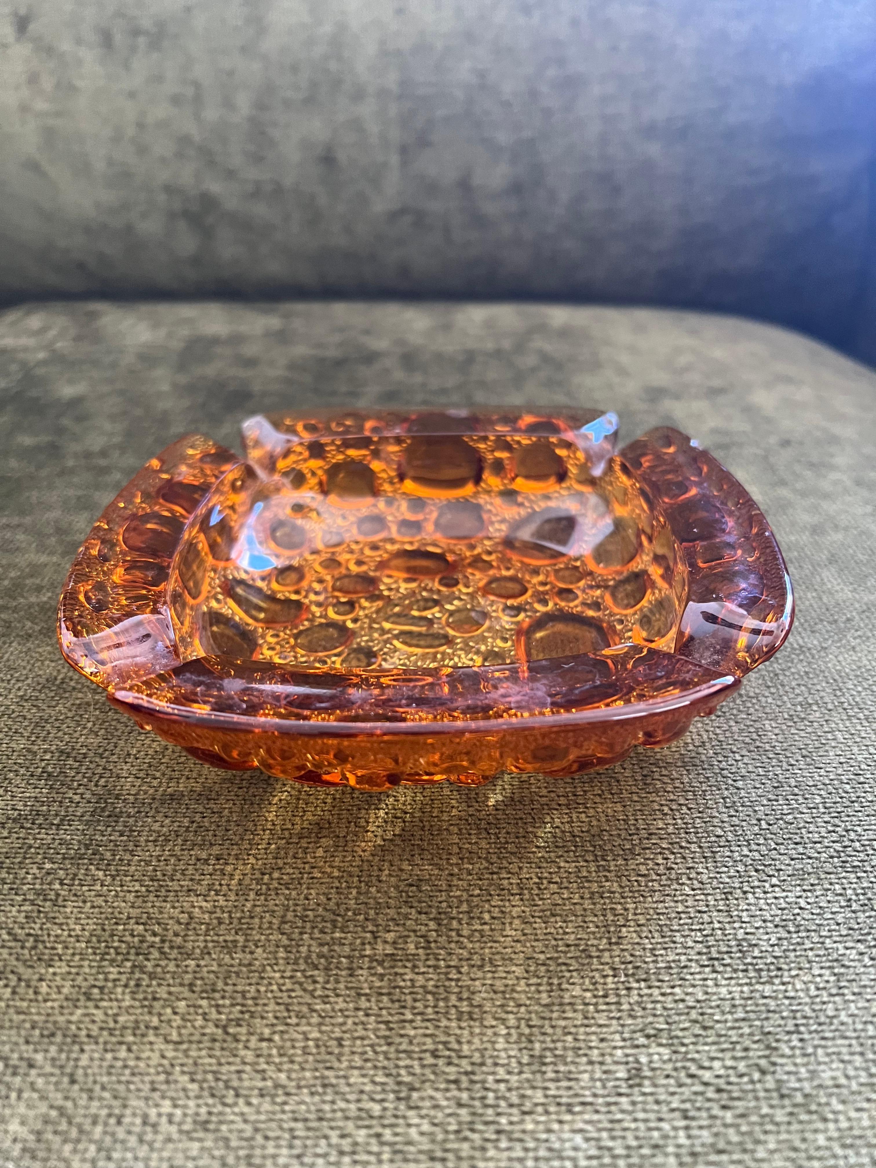 Ball Cut Vintage Mid Century Modern Amber Yellow LIBBEY Ashtray Bubble Pebble Glass