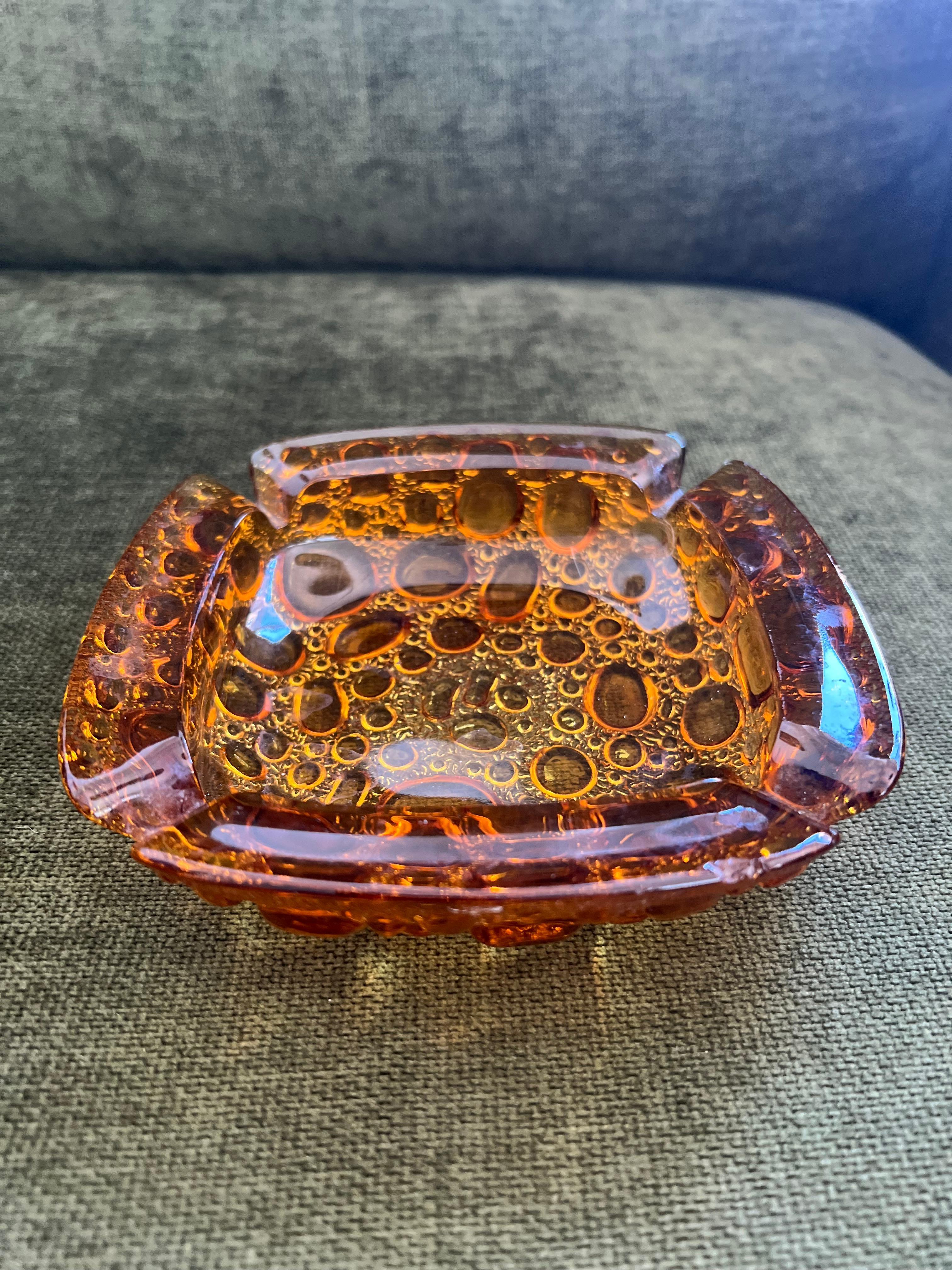 Vintage Mid Century Modern Amber Yellow LIBBEY Ashtray Bubble Pebble Glass 2