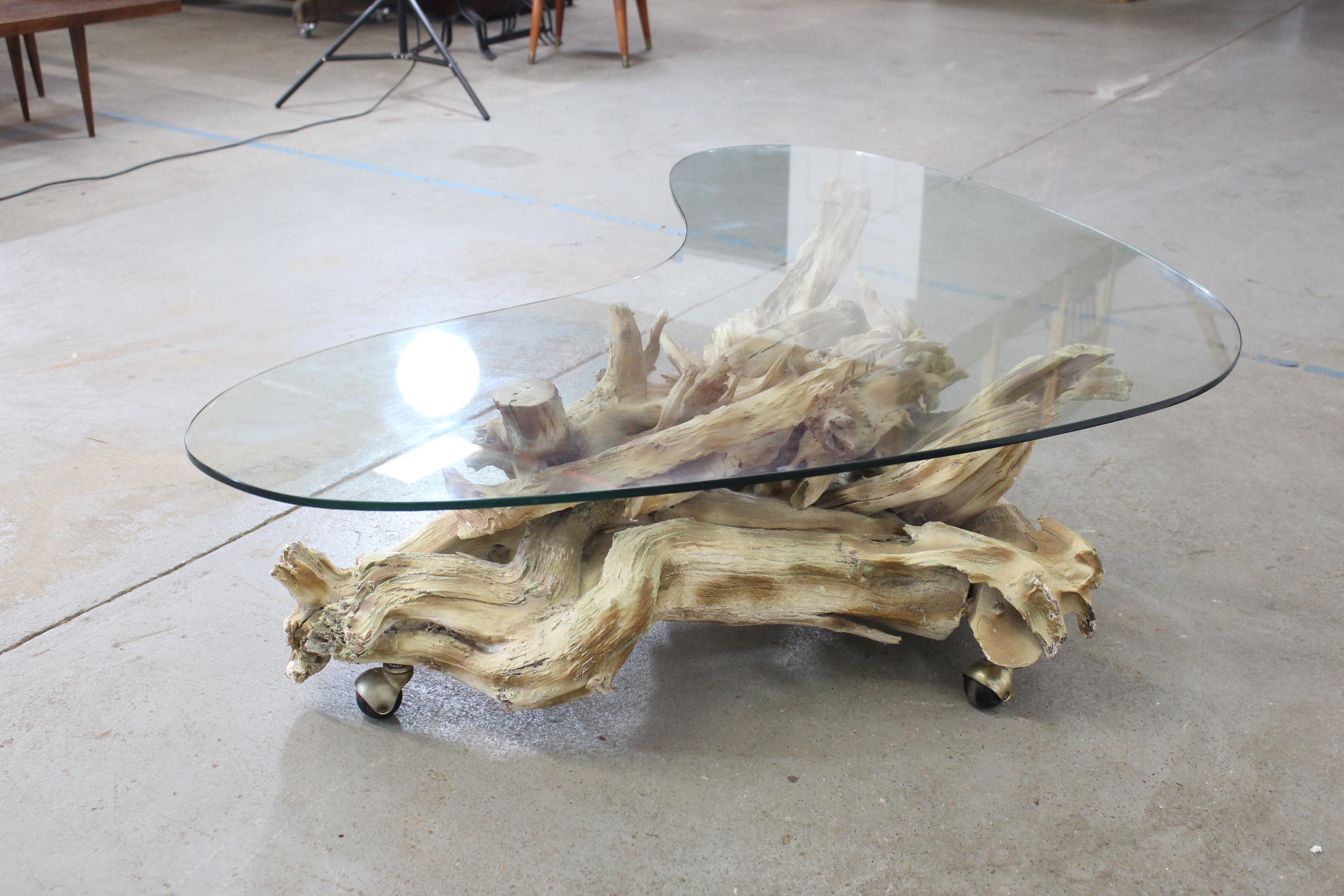 Vintage Mid-Century Modern Amorphous/Biomorphic Glass Driftwood Coffee Table For Sale 4