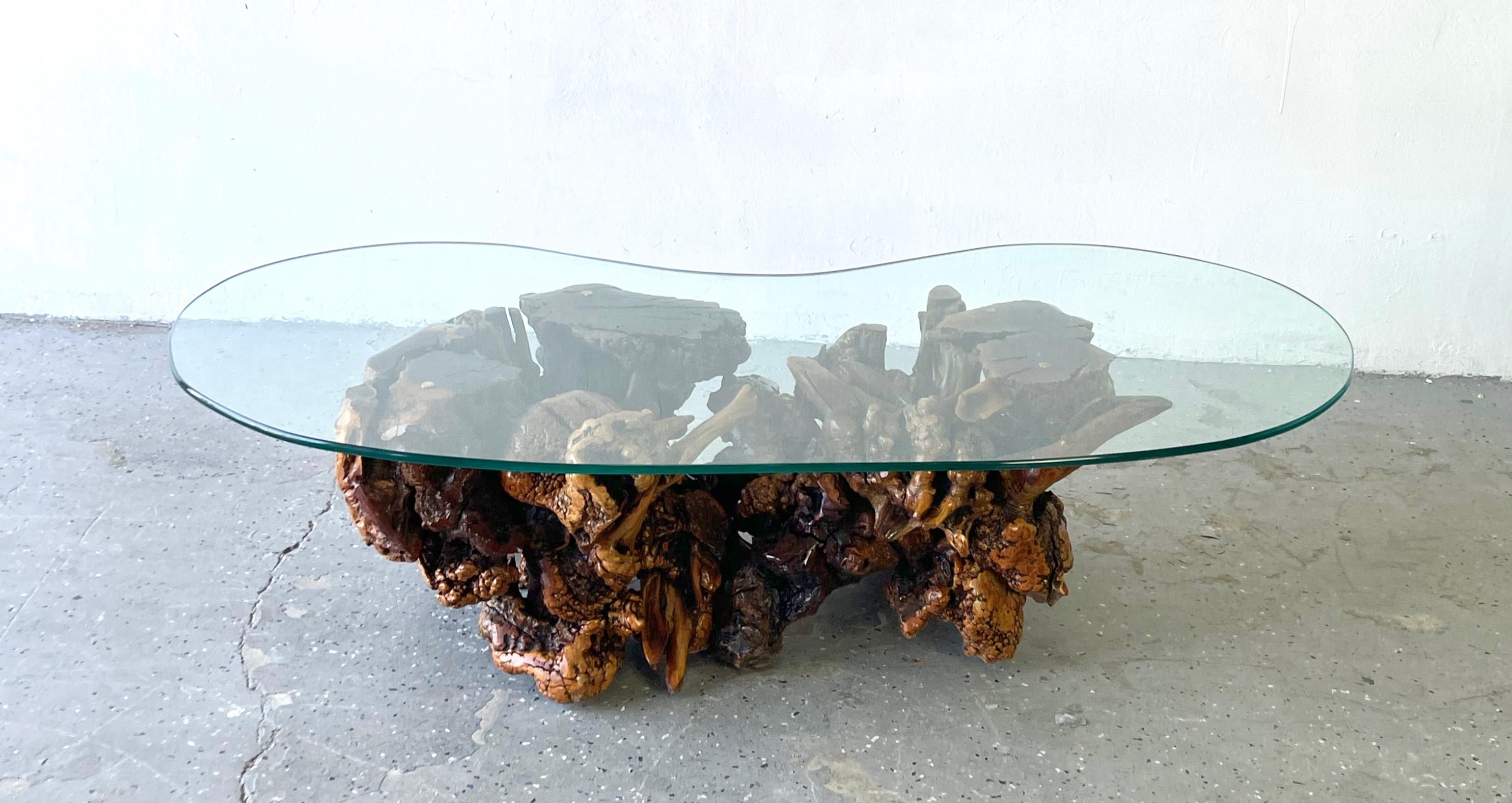 Table basse vintage en bois flotté en verre amorphe/ biomorphe, moderne du milieu du siècle dernier en vente 4