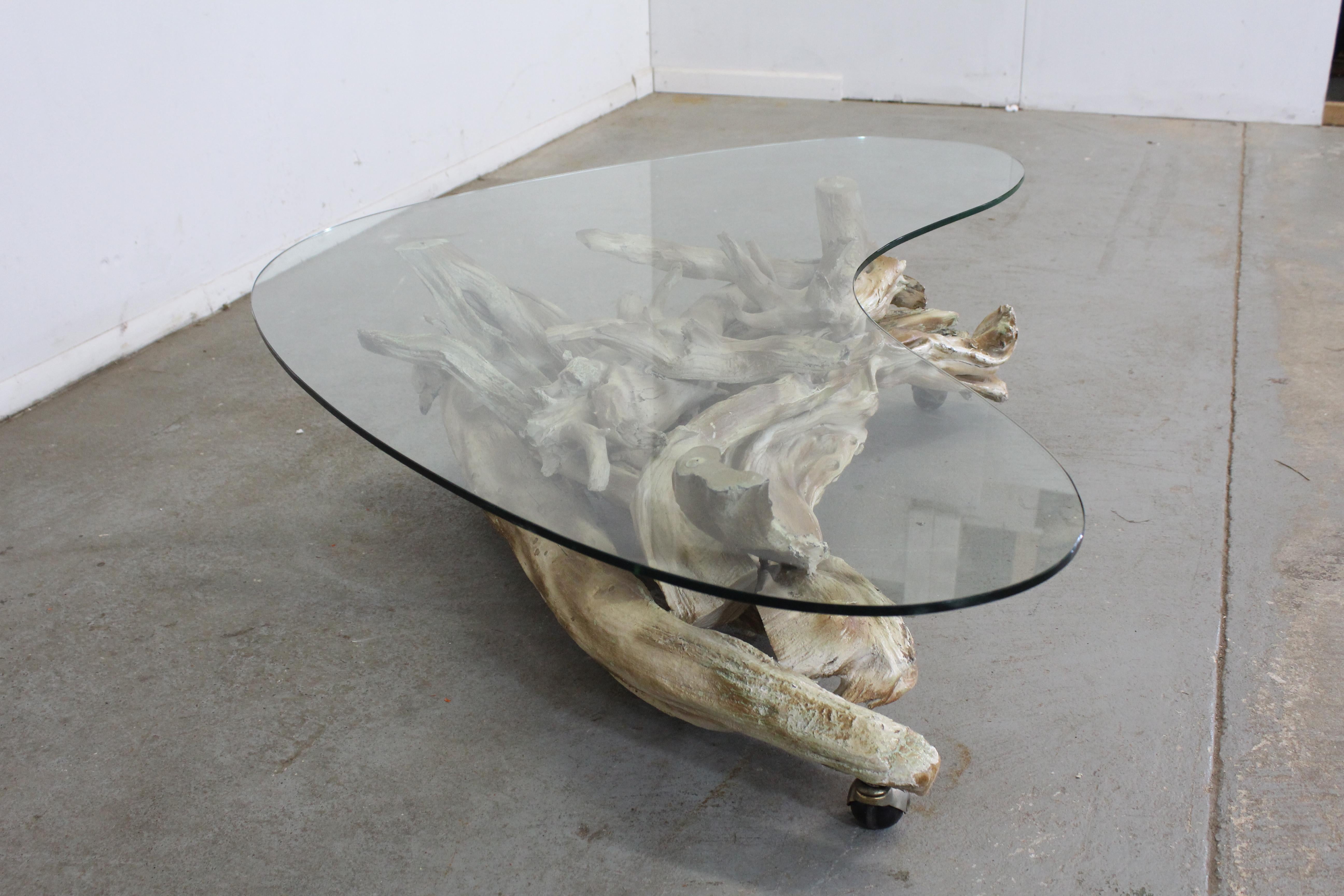 Walnut Vintage Mid-Century Modern Amorphous/Biomorphic Glass Driftwood Coffee Table For Sale