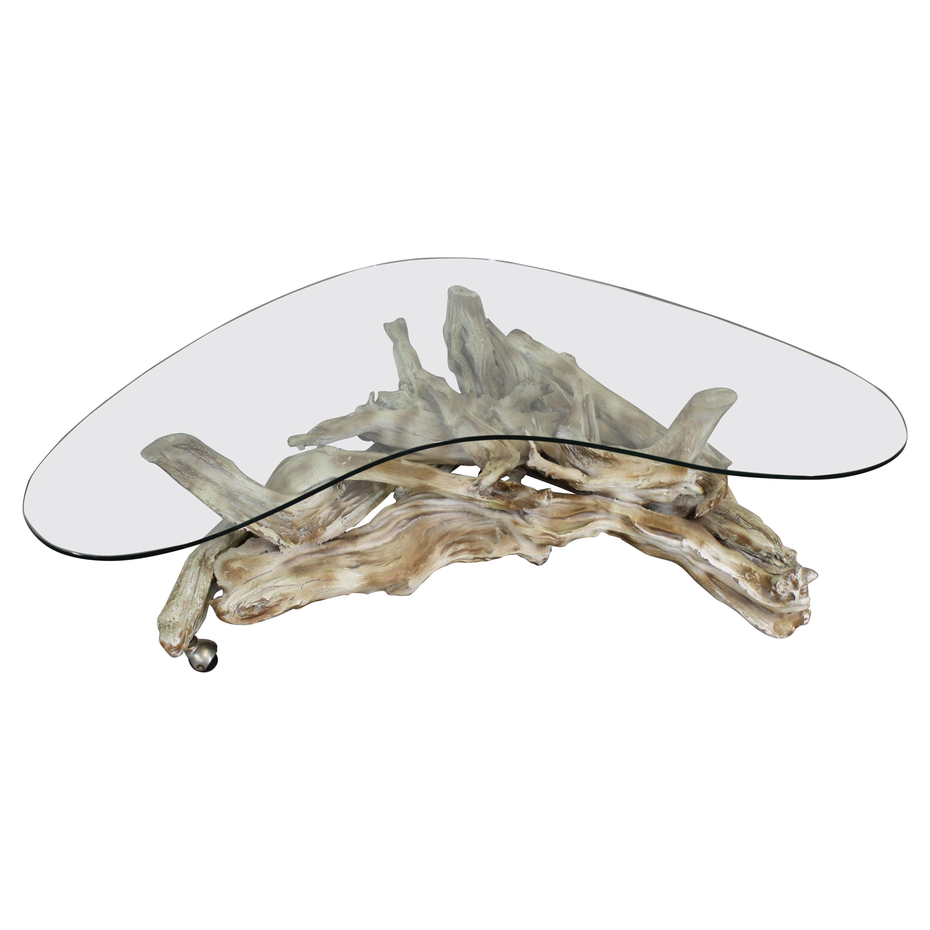 Mesa de centro vintage de madera de deriva de cristal amorfa/biomorfa moderna de mediados de siglo