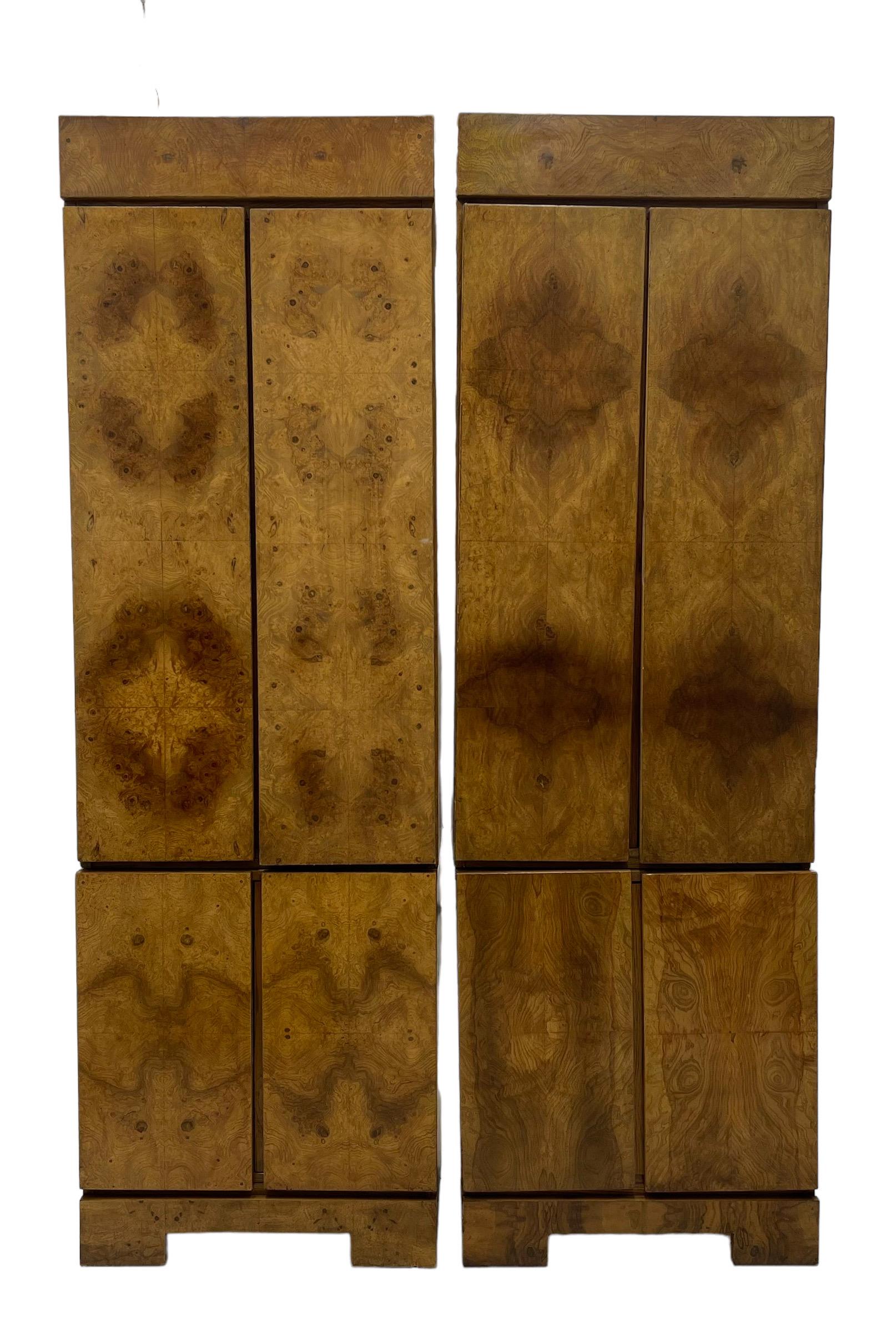 Vintage Mid Century Modern Armoire or Storage Cabinet Set in Olive Burl by Milo Baughman

Dimensions. 52 W ; 18 1/8 D ; 82 H