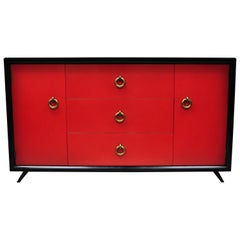 Enfilade crédence Art Déco noir et rouge vintage moderne du milieu du siècle dernier par Harjer