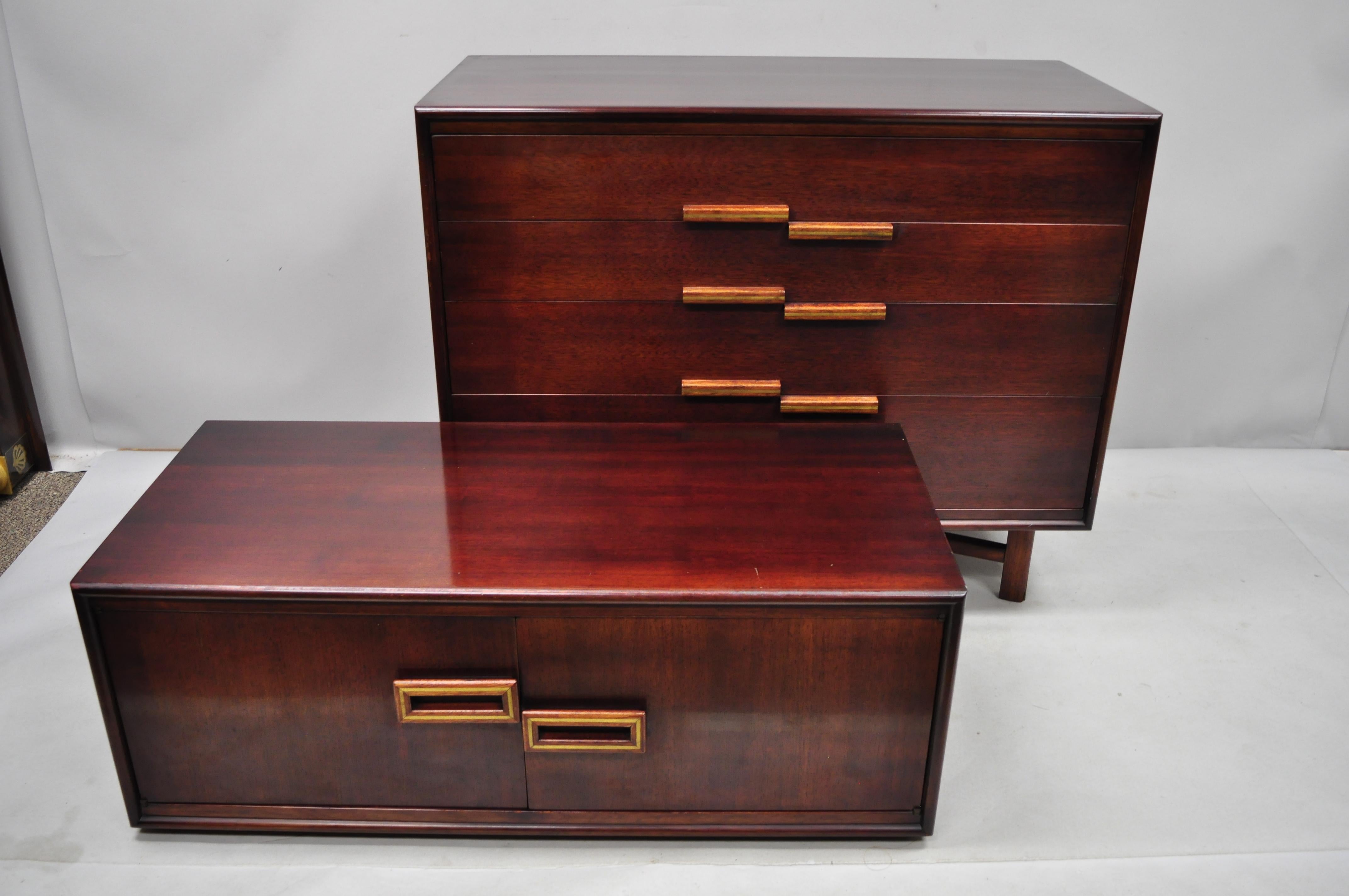 Vintage Mid-Century Modern Art Deco Mahogany Tall Chest Dresser with Brass Inlay 5