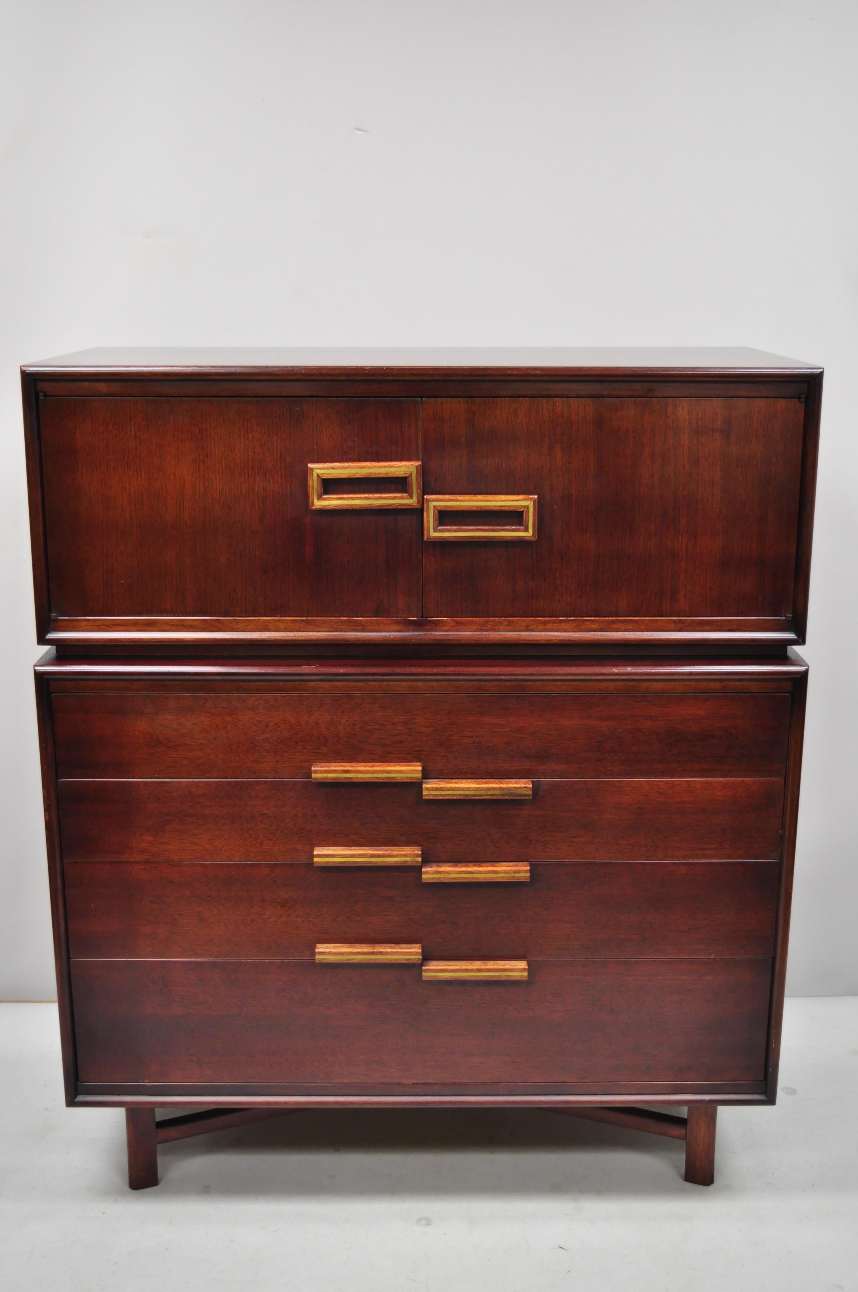 Vintage Mid-Century Modern Art Deco Mahogany Tall Chest Dresser with Brass Inlay 6