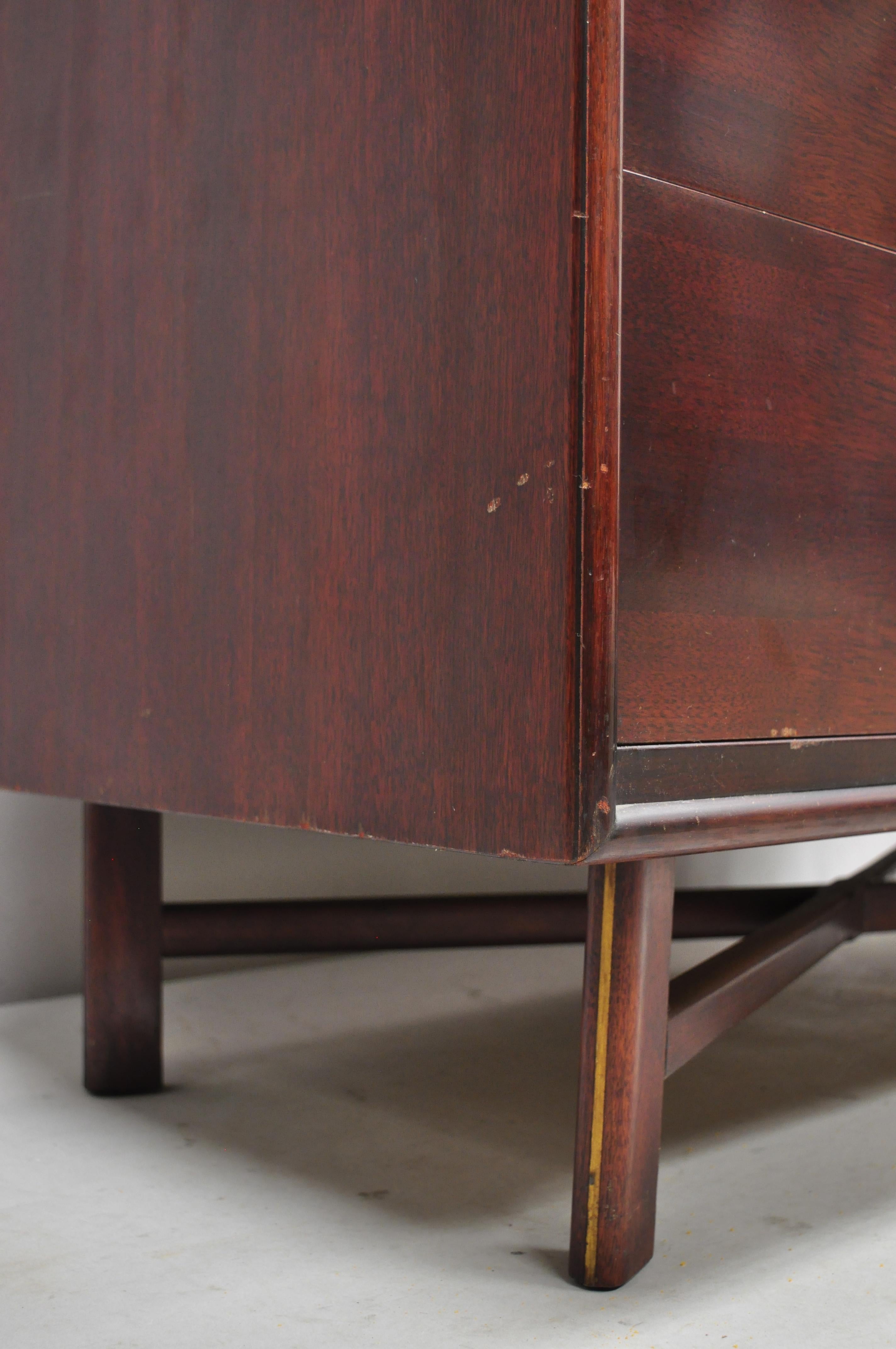 Vintage Mid-Century Modern Art Deco Mahogany Tall Chest Dresser with Brass Inlay 2