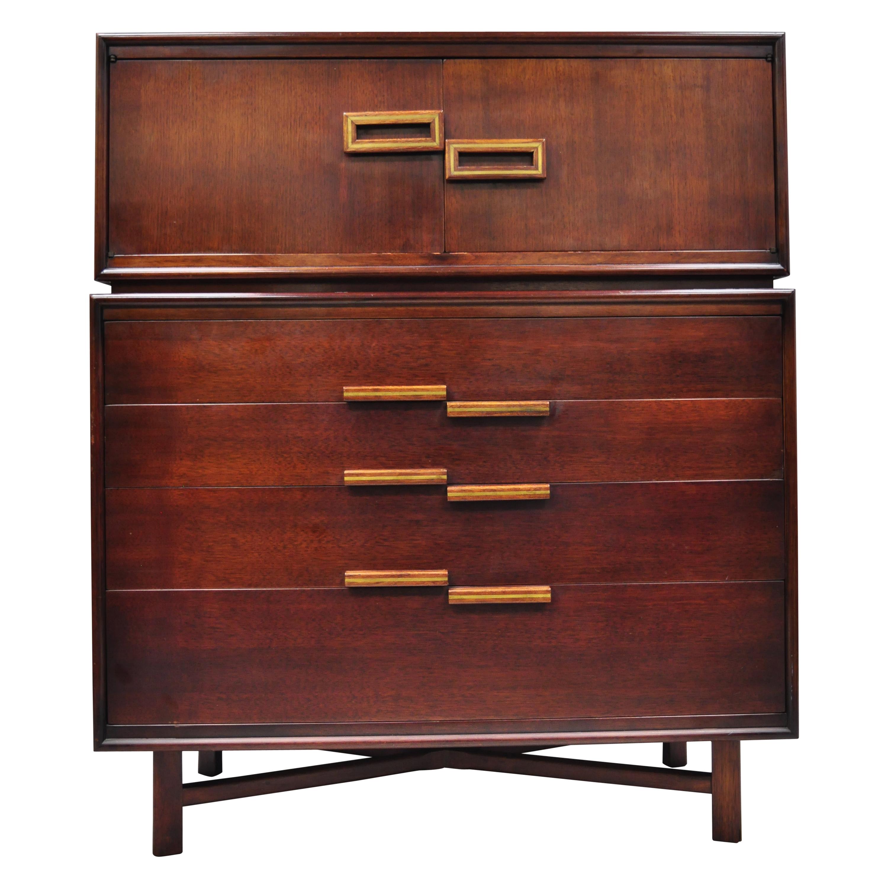 Vintage Mid-Century Modern Art Deco Mahogany Tall Chest Dresser with Brass Inlay