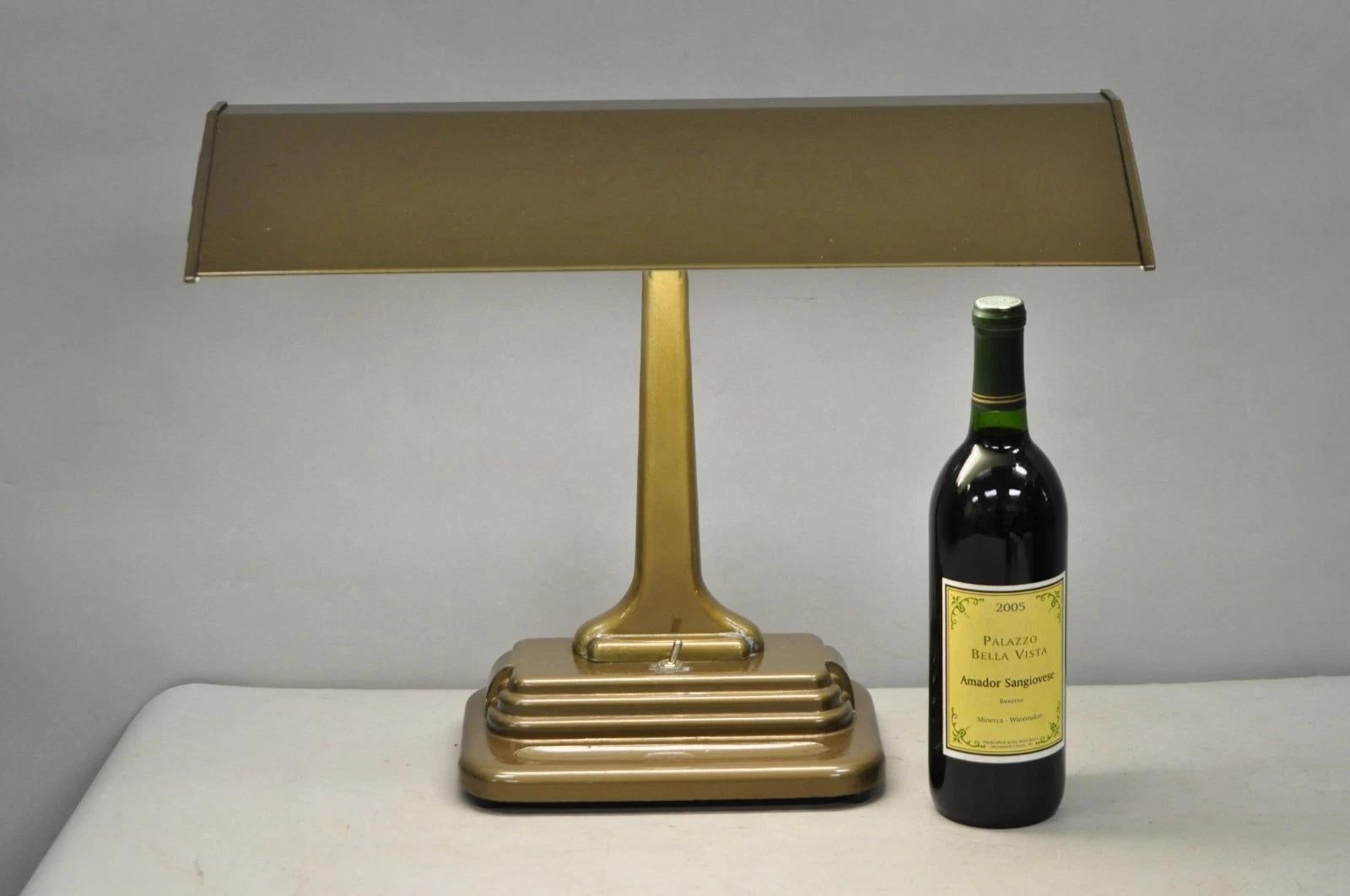 Vintage Mid Century Modern Art Deco Metal Bronze Finish Bankers Table Desk Lamp. Circa Mid 20th Century. Measurements: 16