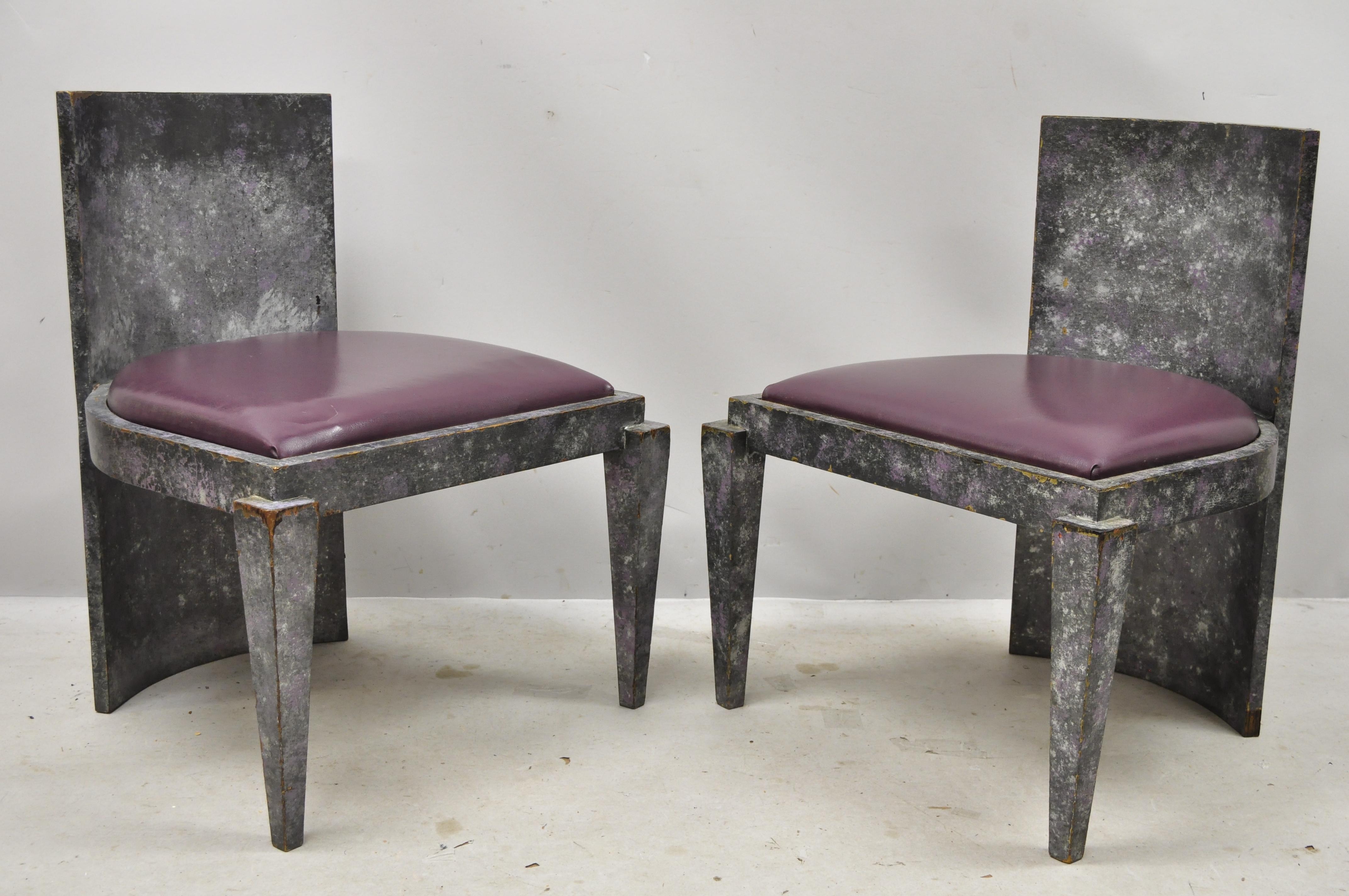 Vintage Mid-Century Modern Art Deco purple and gray lounge club game chairs - a pair. Item features faux concrete painted finish, curved backs, purple vinyl seats, tapered legs, great style and form, circa mid-late 20th century. Measurements: 30