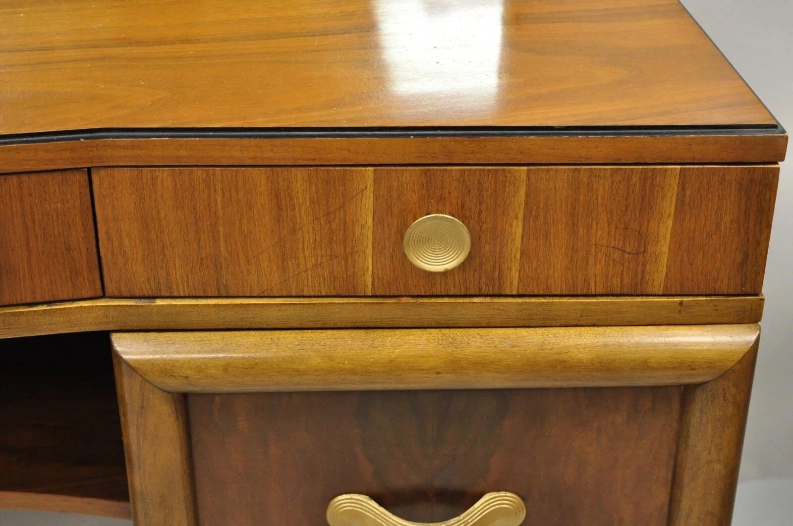 Vintage Mid Century Modern Art Deco Walnut Vanity Table w Mirror by Joerns Bros In Good Condition For Sale In Philadelphia, PA