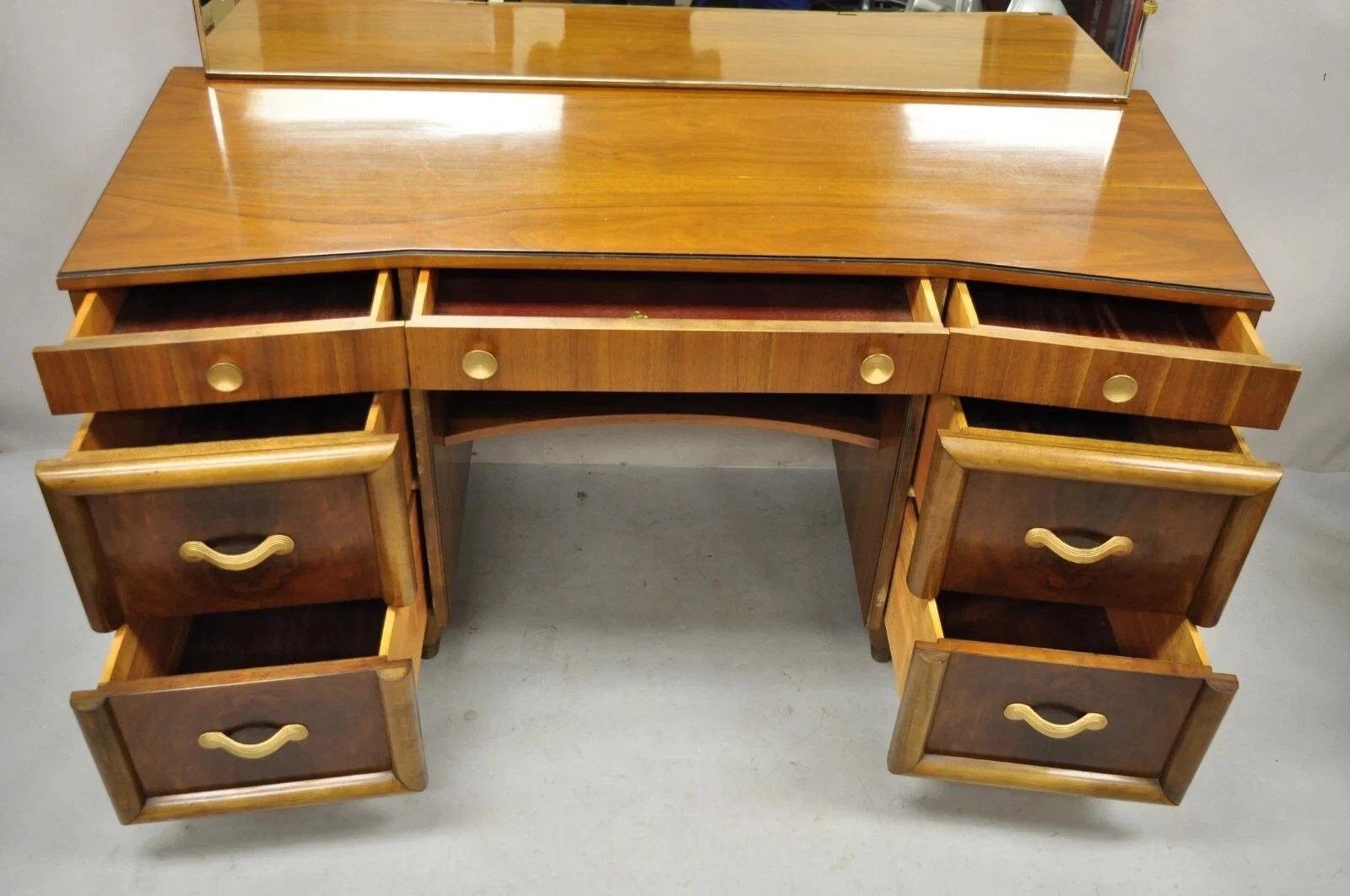 Vintage Mid Century Modern Art Deco Walnut Vanity Table w Mirror by Joerns Bros For Sale 1