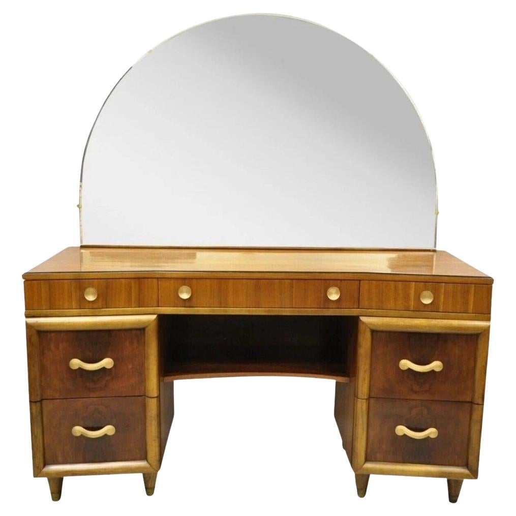 Vintage Mid Century Modern Art Deco Walnut Vanity Table w Mirror by Joerns Bros For Sale