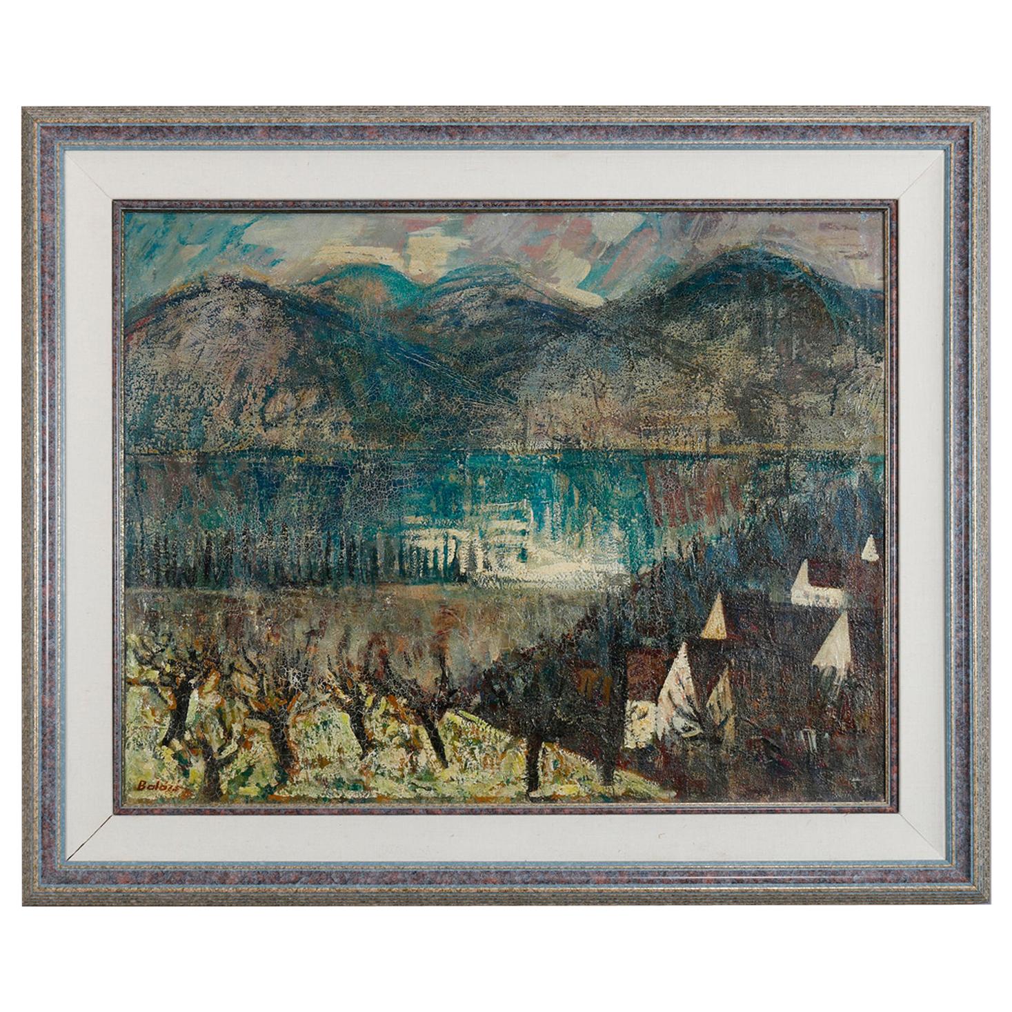 Paysage de scène de montagne vintage signé par un artiste moderne du milieu du siècle, datant d'environ 1960