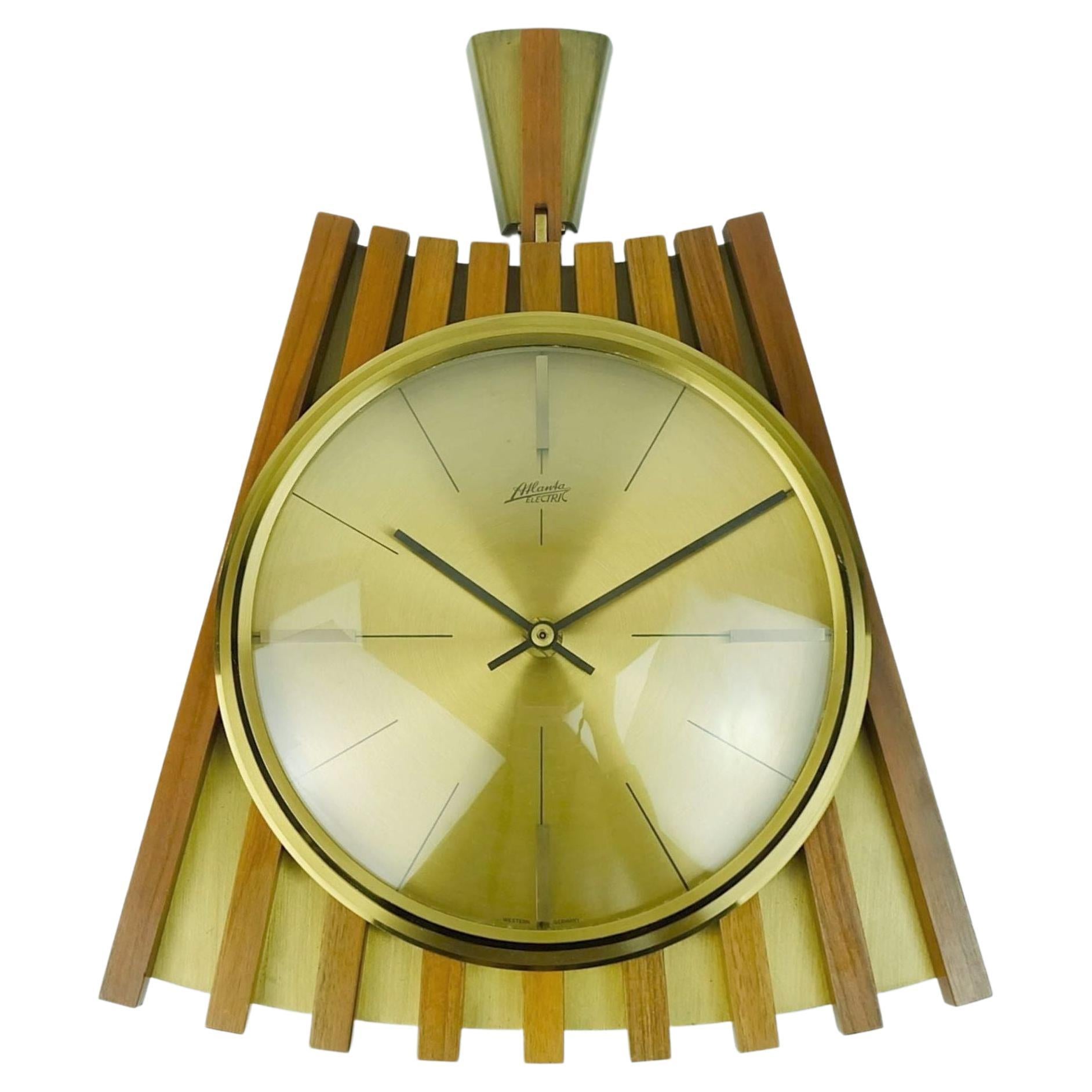 Vintage Mid-Century Modern Atlanta Electric Wall Clock Walnut Brass 1960s