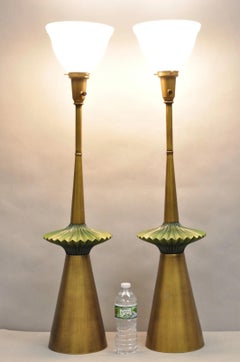 Vintage Mid Century Modern Atomic Era Green Flying Saucer Gold Table Lamp - Pair