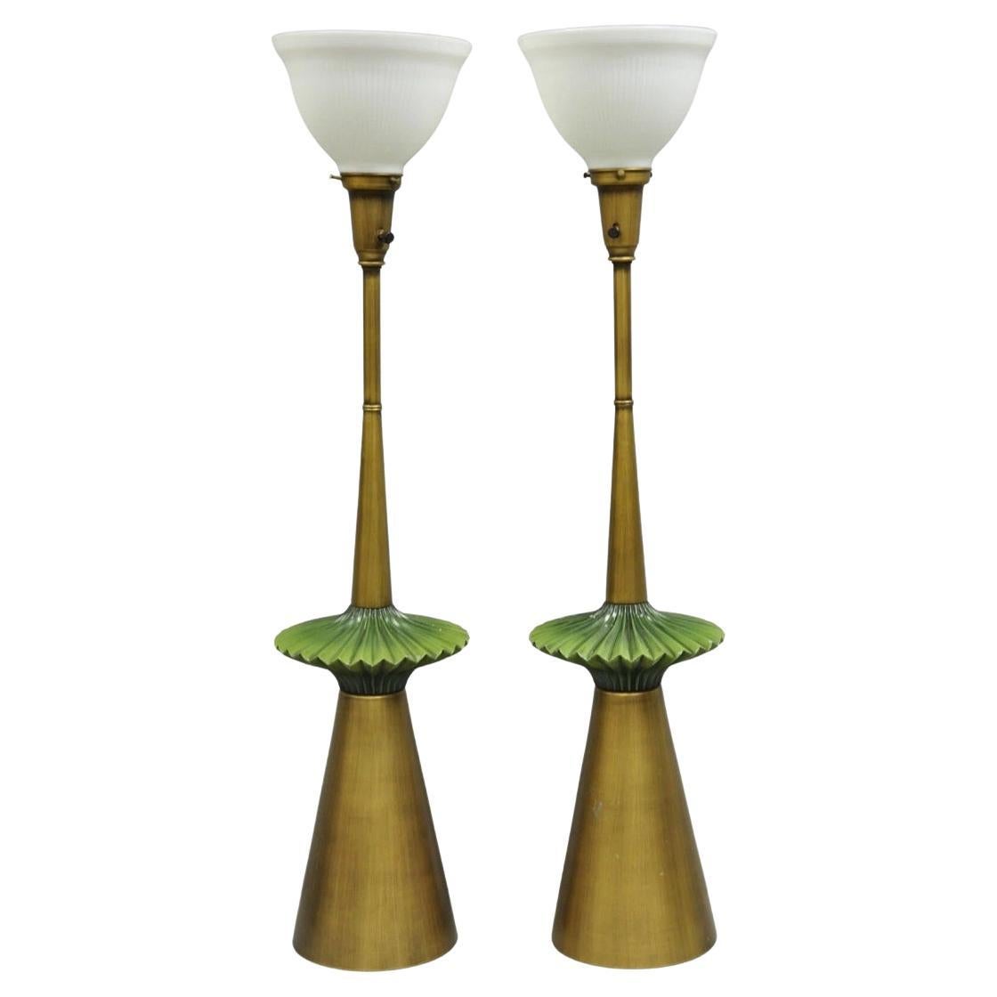 Vintage Mid Century Modern Atomic Era Green Flying Saucer Gold Table Lamp - Pair