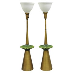 Vintage Mid Century Modern Atomic Era Green Flying Saucer Gold Table Lamp - Pair