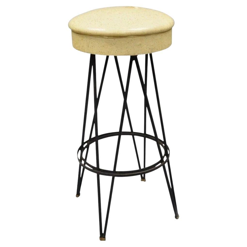 Vintage Mid Century Modern Atomic Era Swivel Wrought Iron Metal Hairpin Barstool