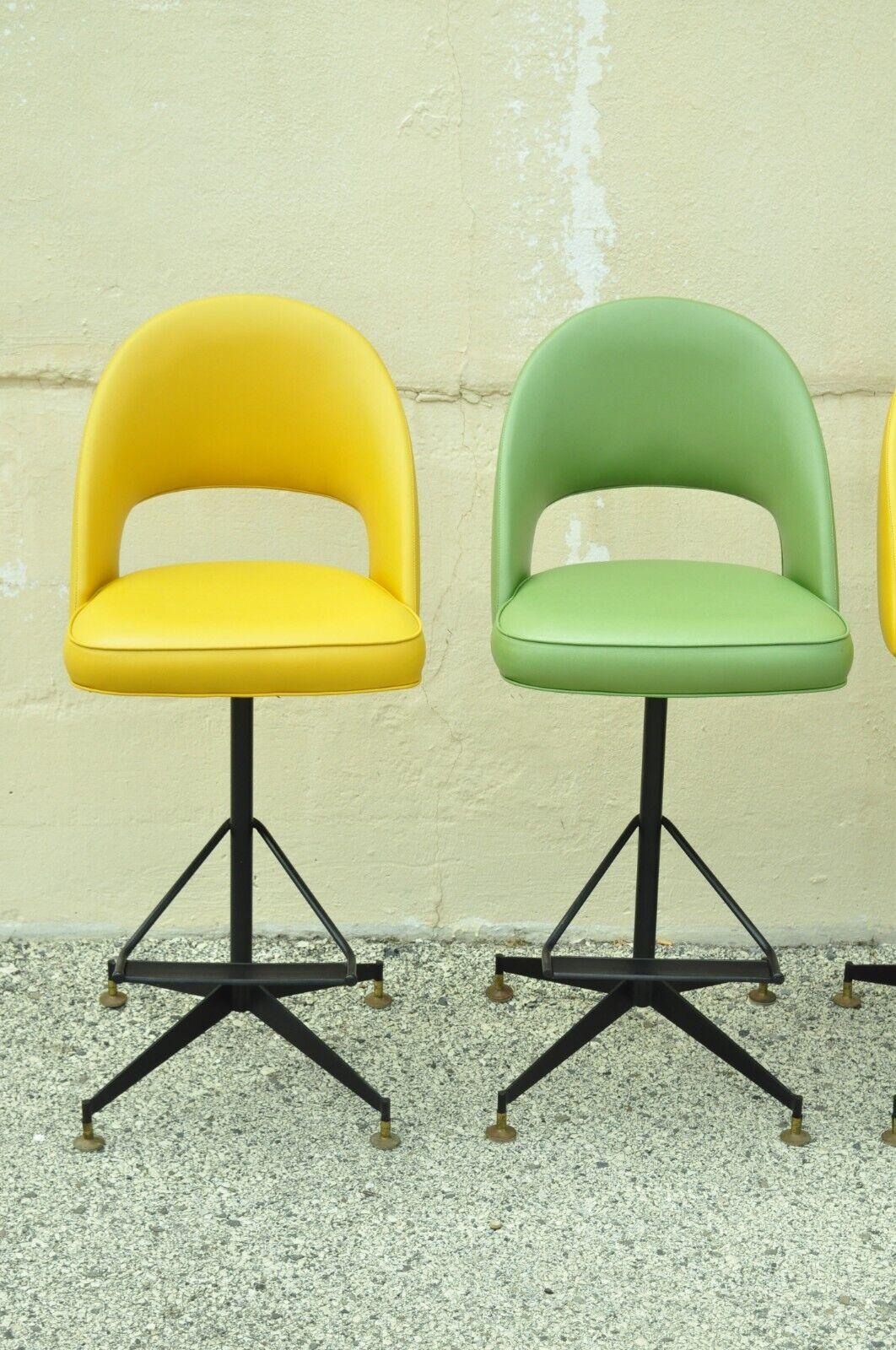 20th Century Vintage Mid-Century Modern Atomic Era Yellow & Green Vinyl Bar Stools, Set of 6