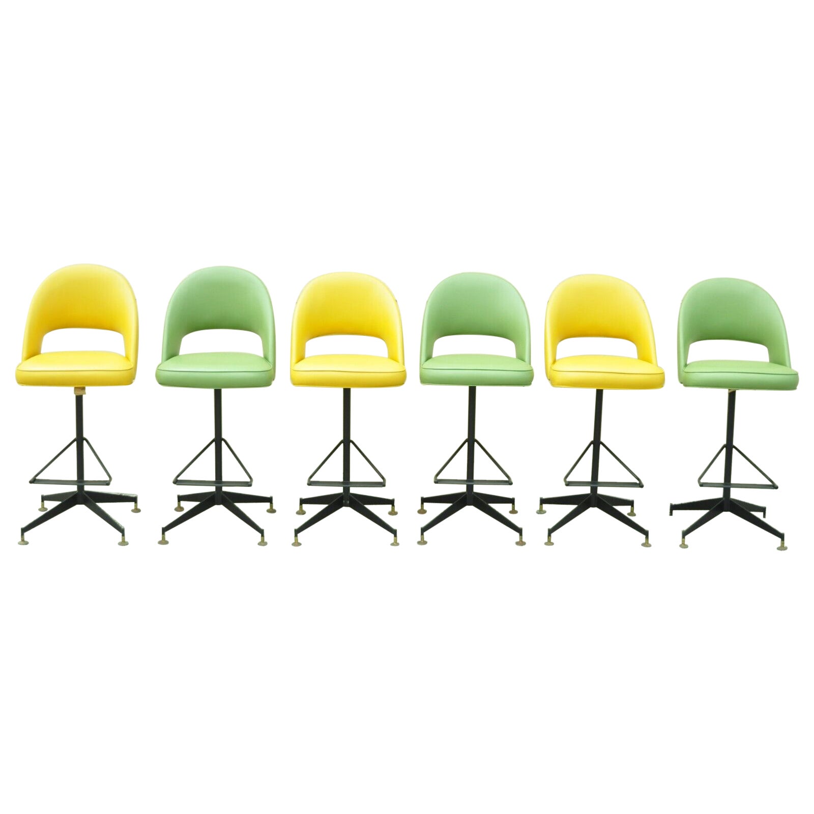 Vintage Mid-Century Modern Atomic Era Yellow 
Green Vinyl Bar Stools, Set of 6