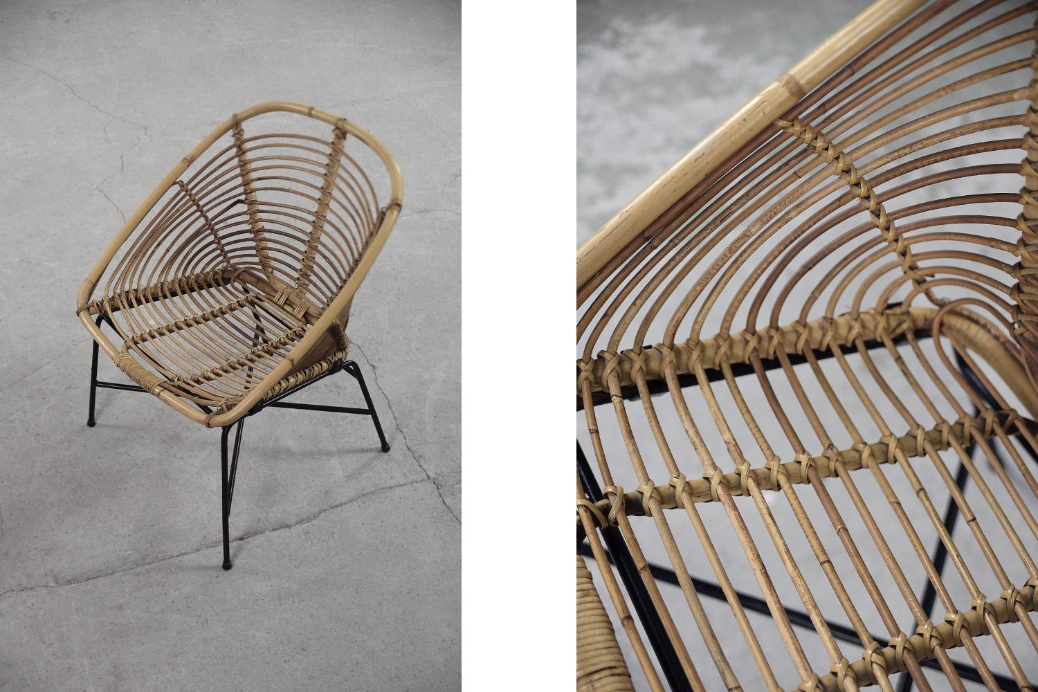 Pair of Vintage Mid-Century Modern Black Metal & Natural Bamboo Chairs, 1960s For Sale 4