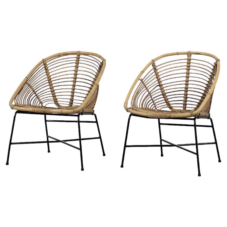 Pair of Vintage Mid-Century Modern Black Metal & Natural Bamboo Chairs, 1960s For Sale