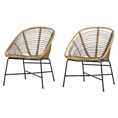 Pair of Vintage Mid-Century Modern Black Metal & Natural Bamboo Chairs, 1960s
