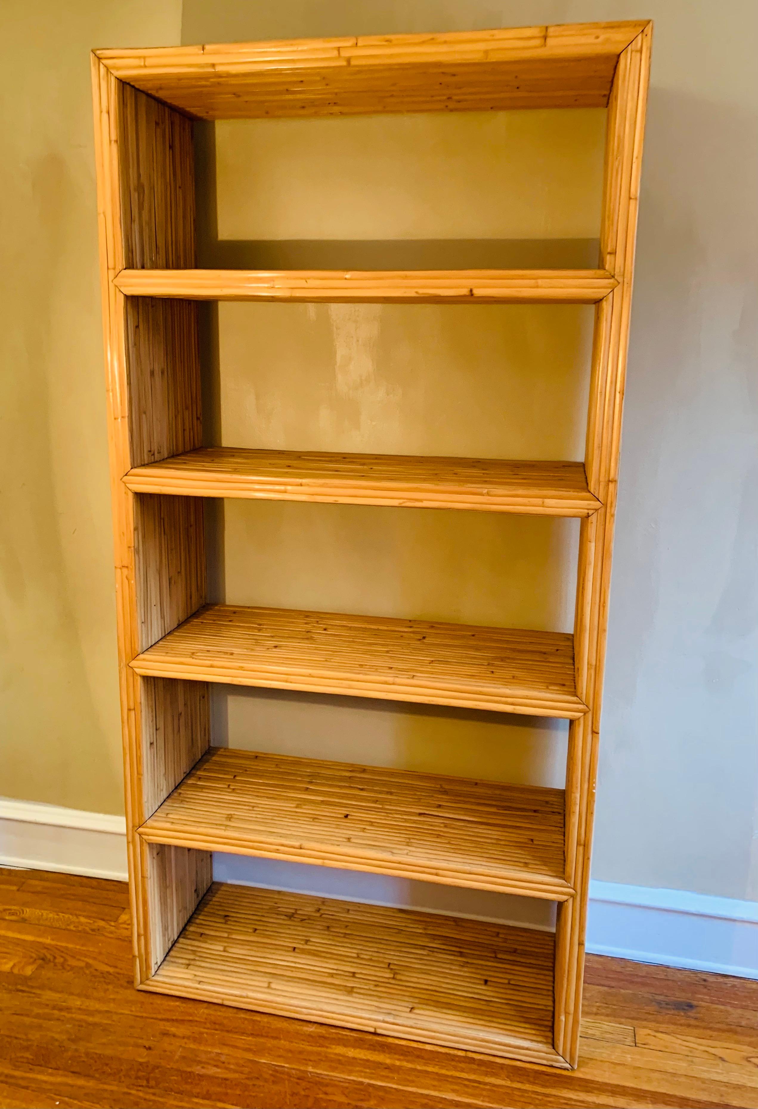 Fantastic fully-finished shelving unit, comprised of split-reed bamboo applied over wood.