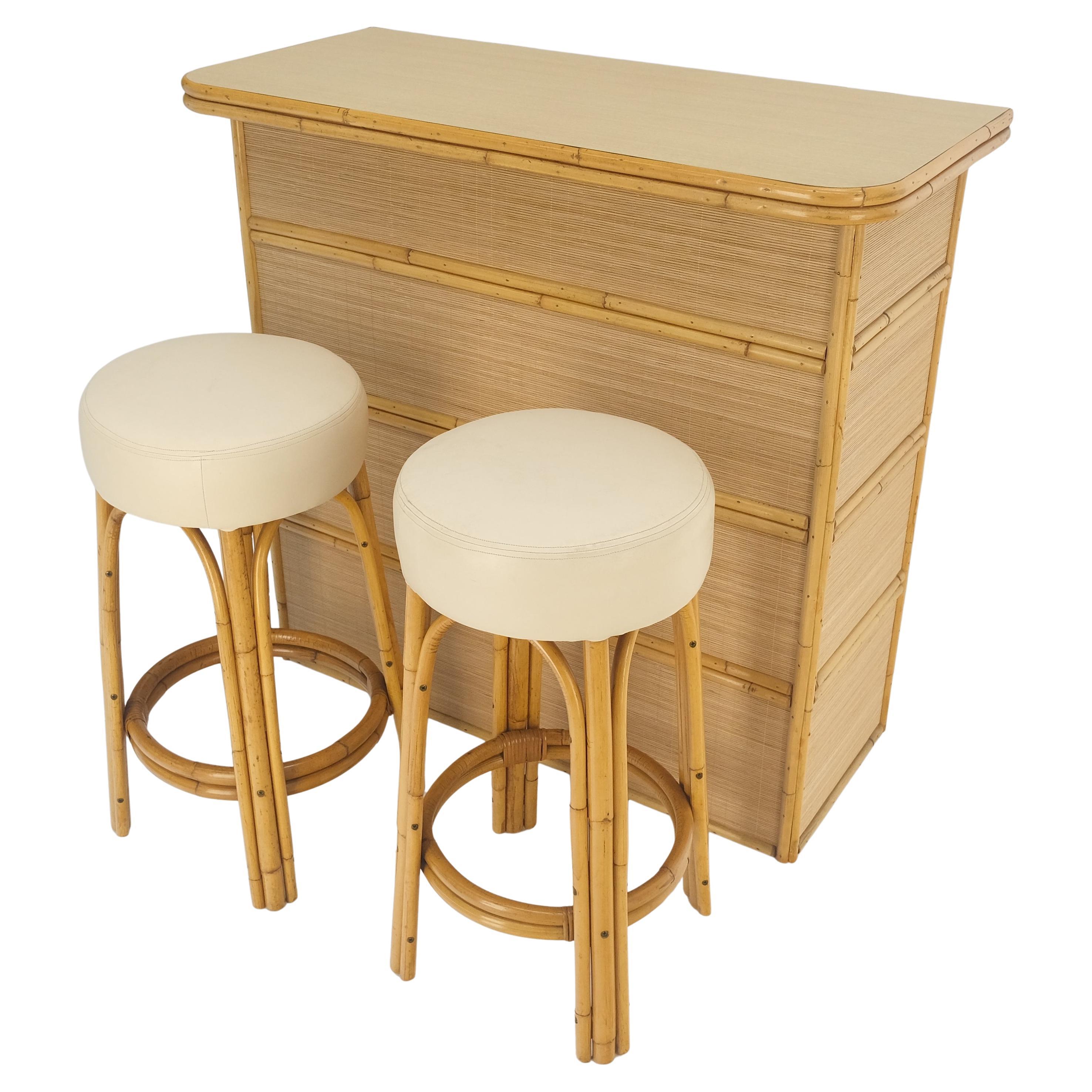 Vintage Mid Century Modern Bamboo Rattan Bar & Pair of Matching Bar Stools MINT