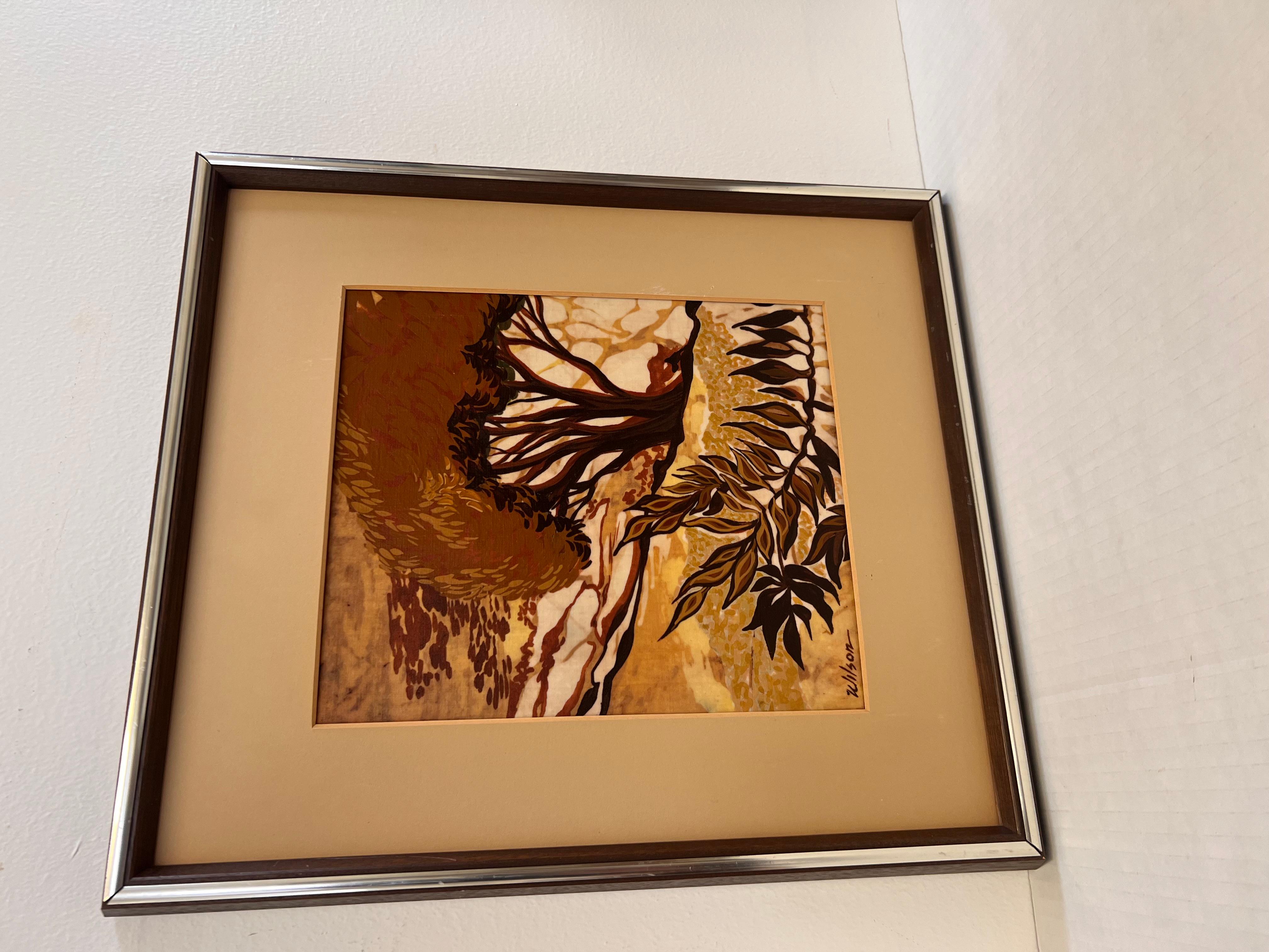 Vintage Mid Century Modern Batik Style Pintura Abstracta Enmarcada Paisaje Moderno de mediados de siglo en venta