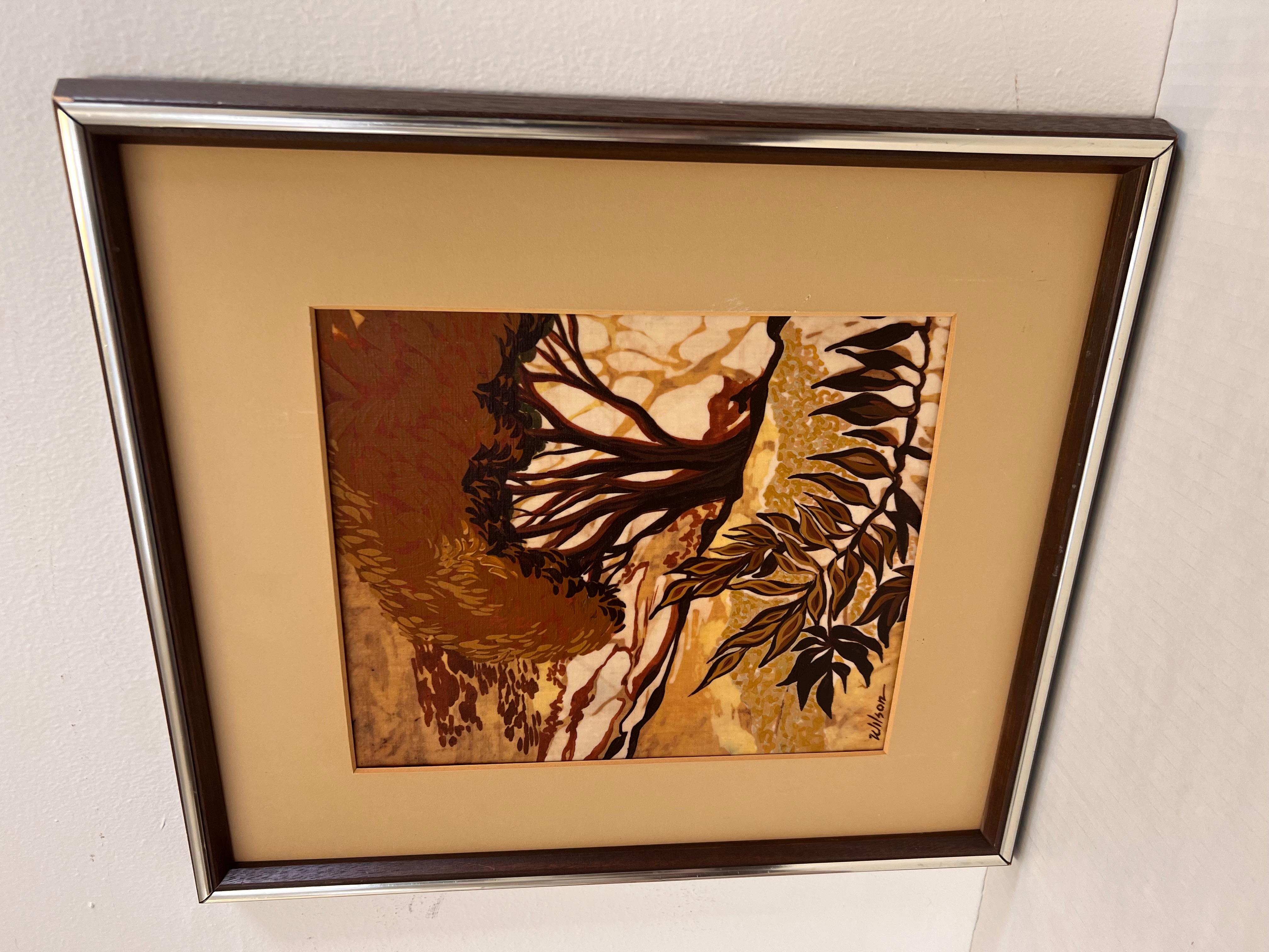 Vintage Mid Century Modern Batik Style Pintura Abstracta Enmarcada Paisaje en Bueno estado para la venta en Seattle, WA