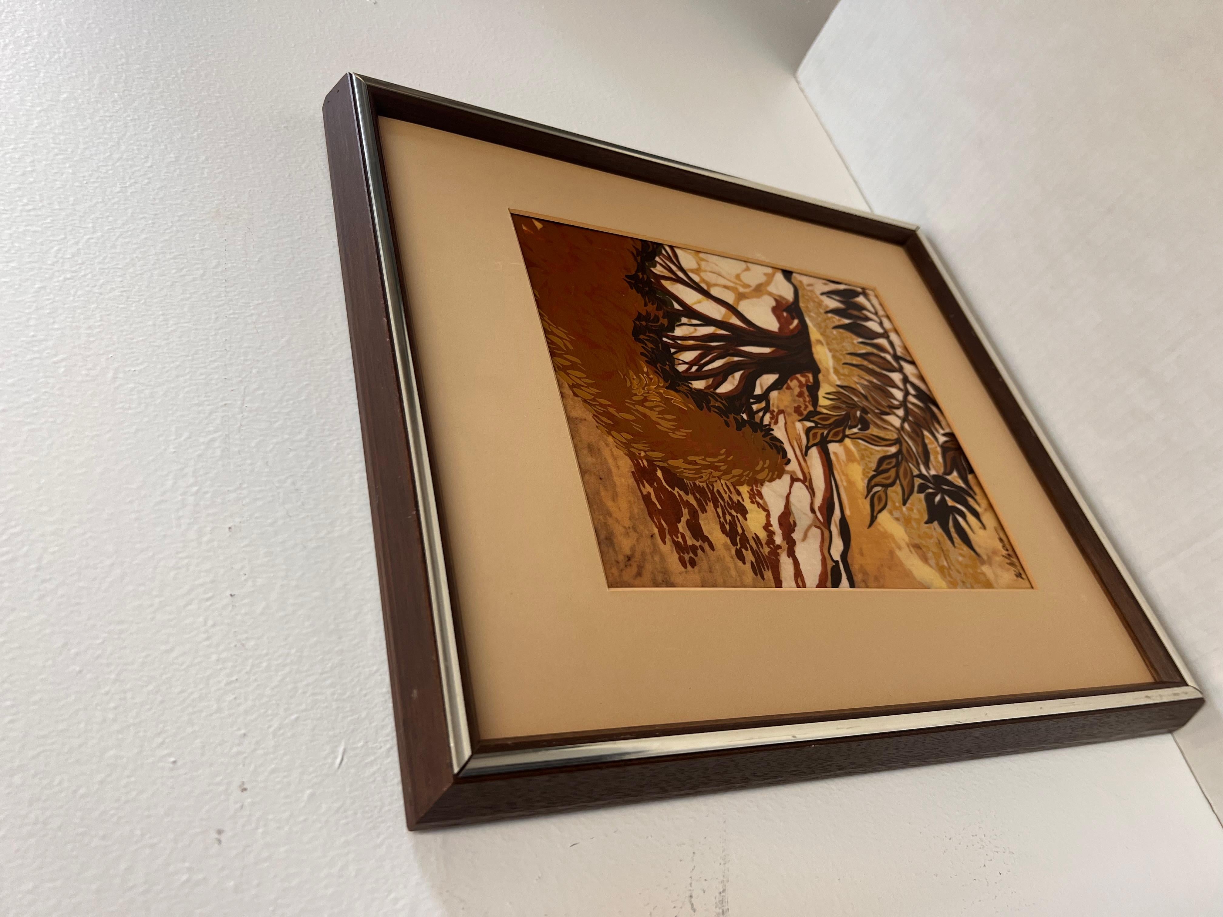 Vintage Mid Century Modern Batik Style Pintura Abstracta Enmarcada Paisaje finales del siglo XX en venta