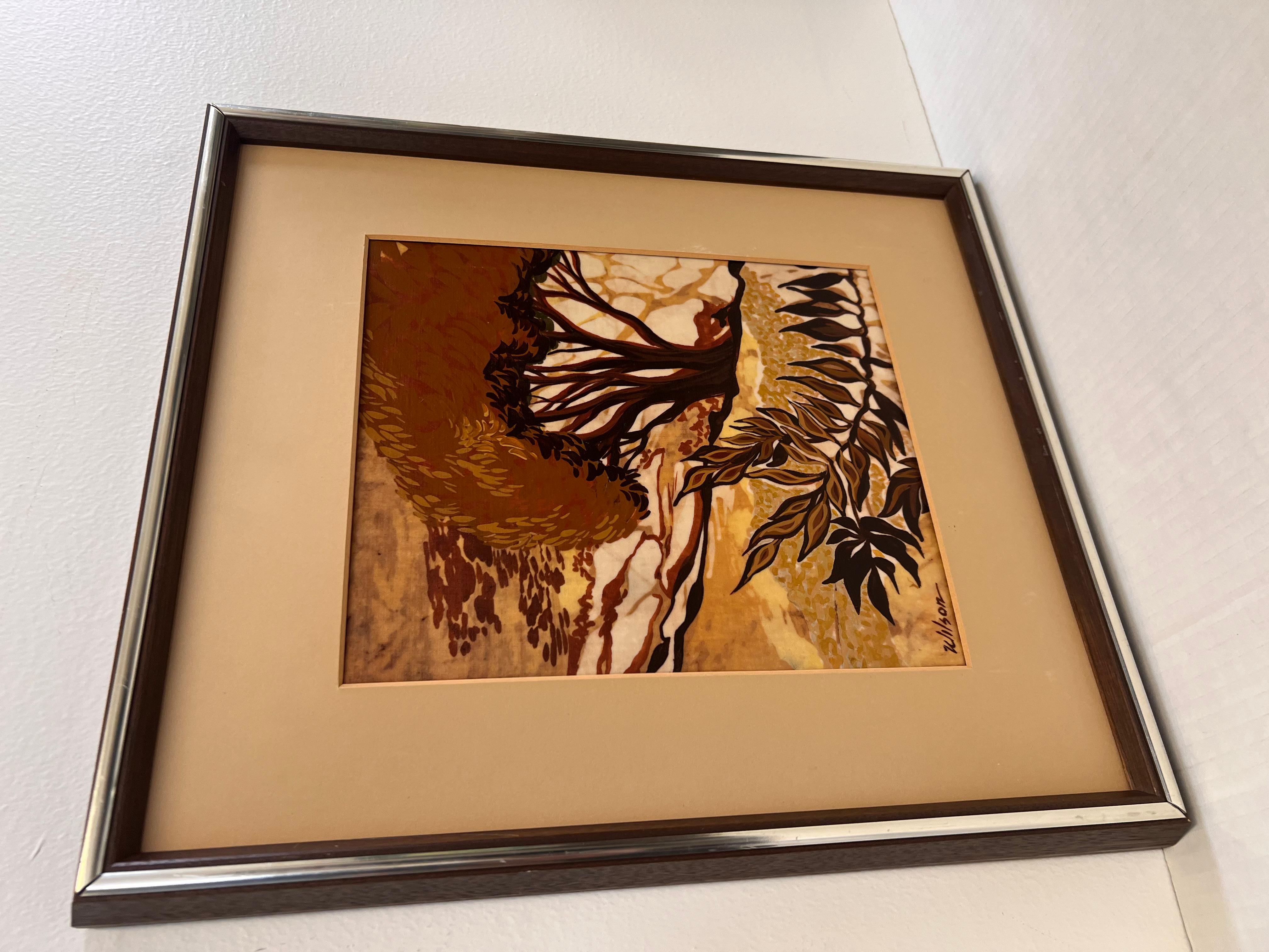 Vintage Mid Century Modern Batik Style Pintura Abstracta Enmarcada Paisaje Metal en venta