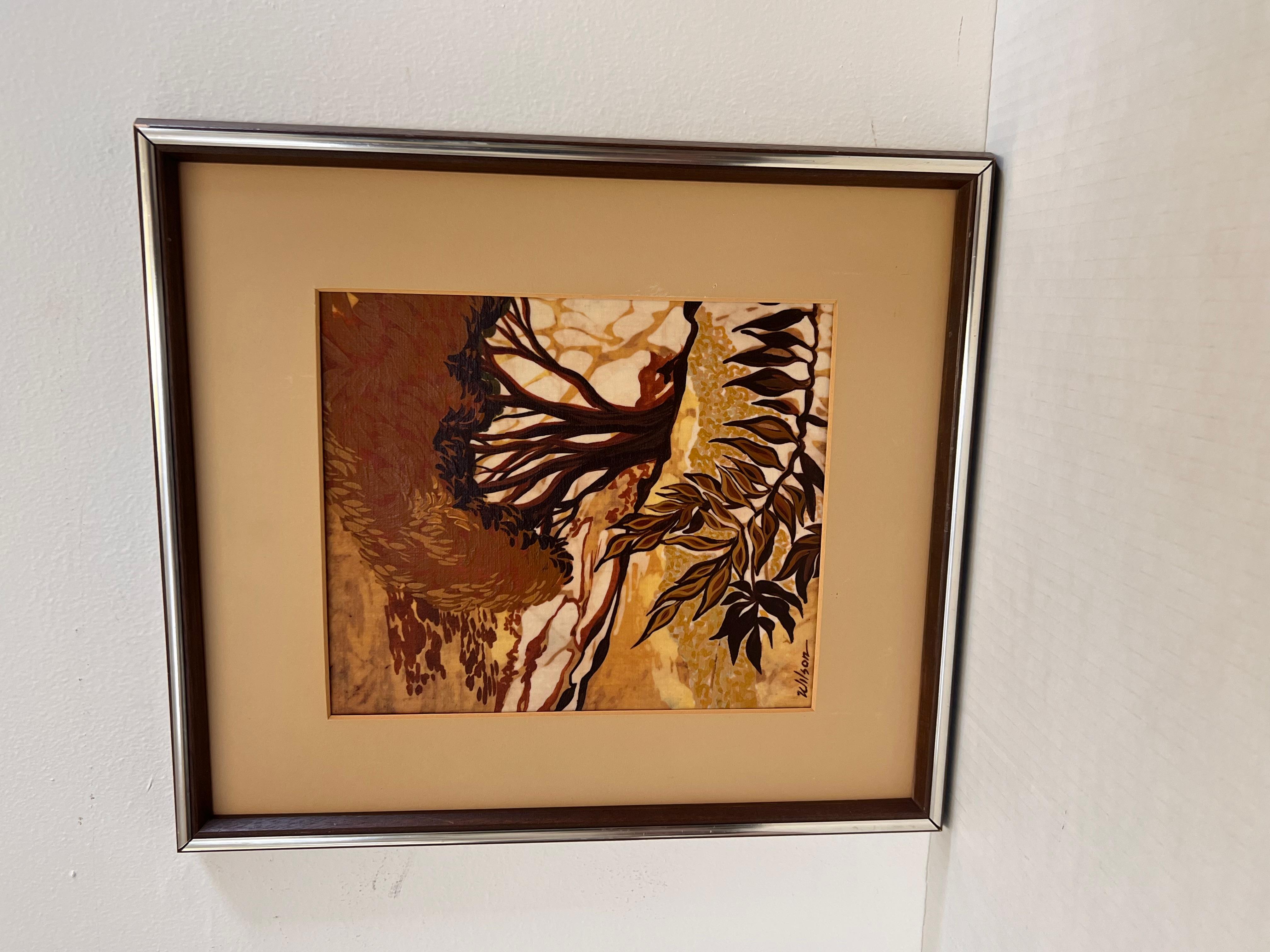 Vintage Mid Century Modern Batik Style Pintura Abstracta Enmarcada Paisaje en venta 1