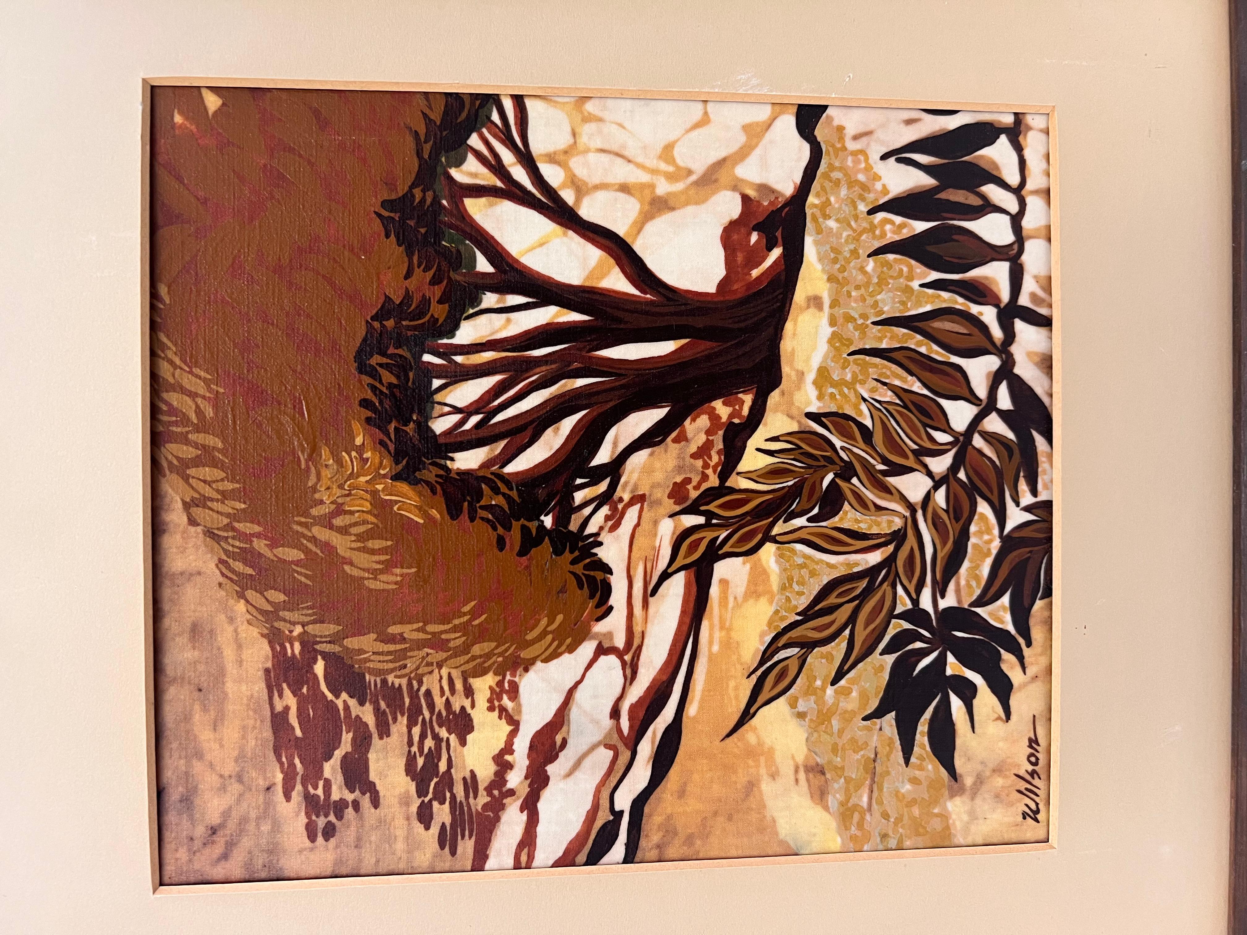 Vintage Mid Century Modern Batik Style Pintura Abstracta Enmarcada Paisaje en venta 2