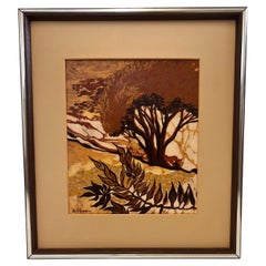 Vintage Mid Century Modern Batik Style Pintura Abstracta Enmarcada Paisaje