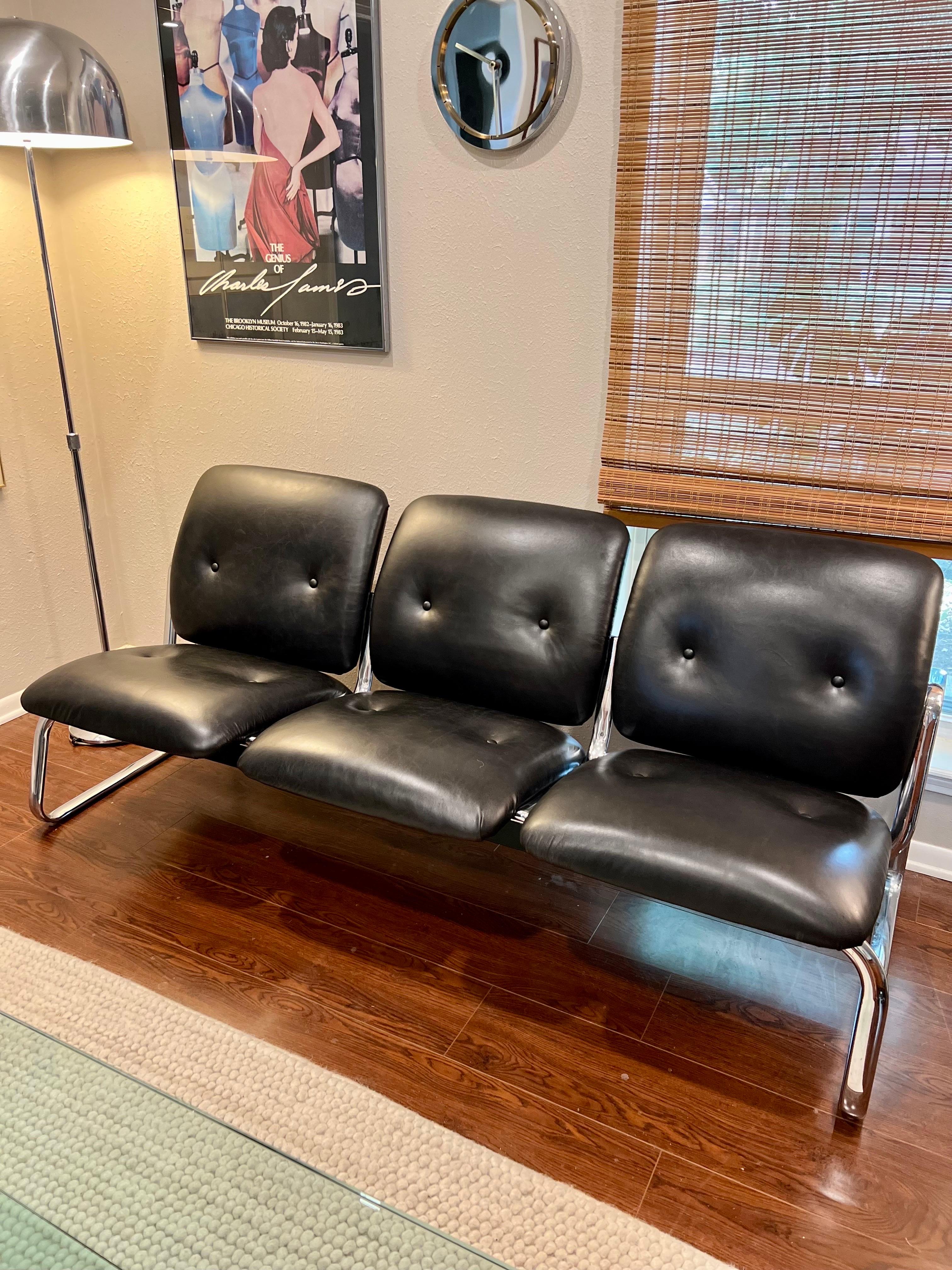 The sexiest sofa I’ve had in my possession. This vintage steelcase leather tandem sofa has been recently restored with a 100% genuine buttery black leather. Overall in almost excellent condition with once minor scratch on the back as seen in photos.