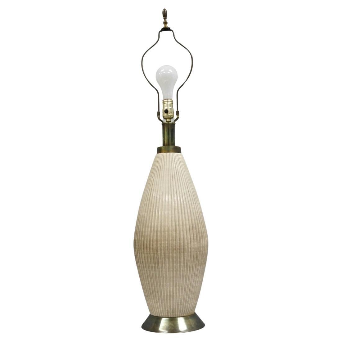 Vintage Mid Century Modern Beige Sculptural Ceramic Pottery Ribbed Table Lamp