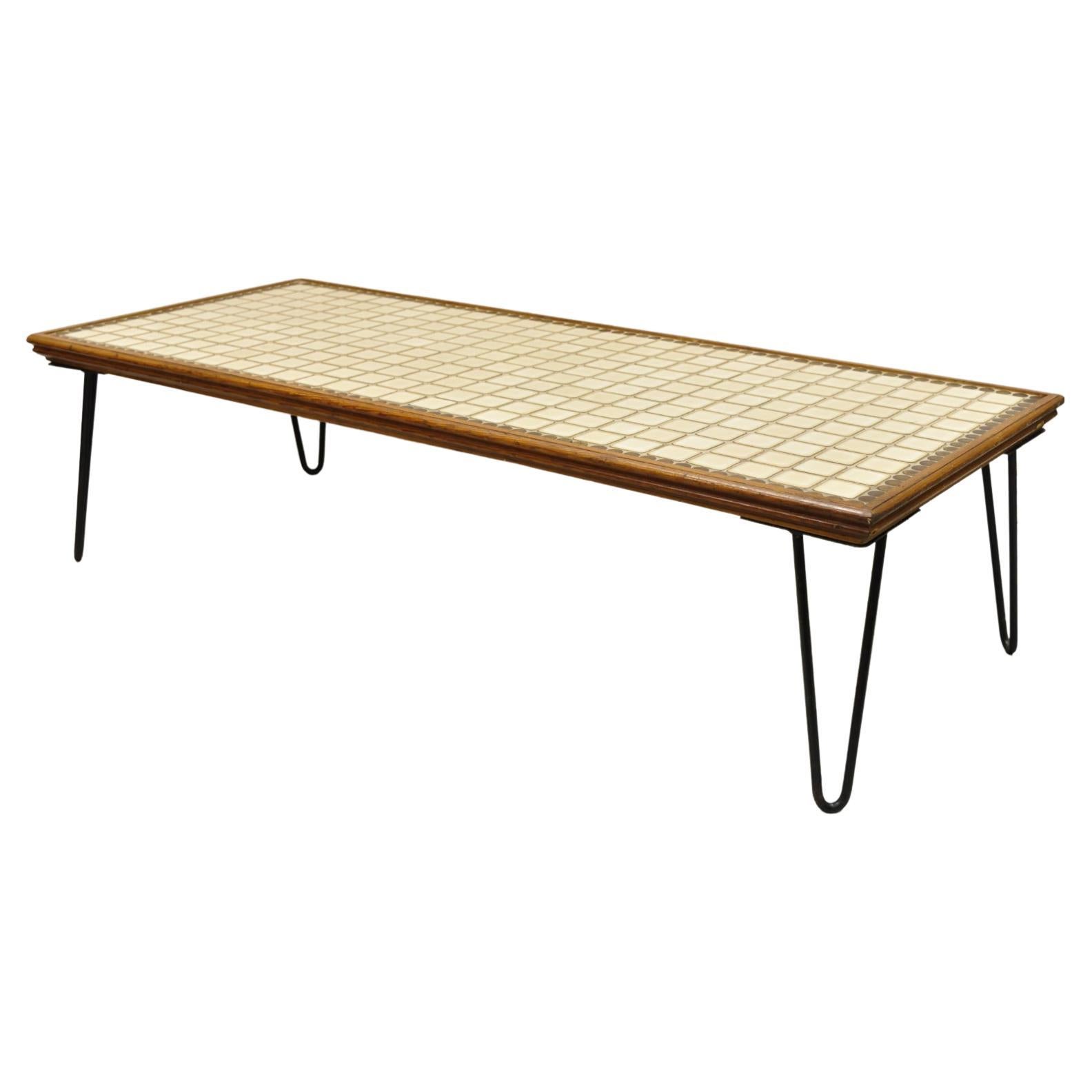 Vintage Mid Century Modern Beige Tile Top 51" Coffee Table w/ Iron Hairpin Legs For Sale