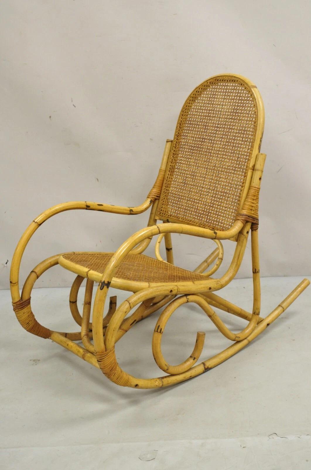 Vintage Mid Century Modern Bentwood Bamboo Rattan Cane Rocking Chair Rocker For Sale 4