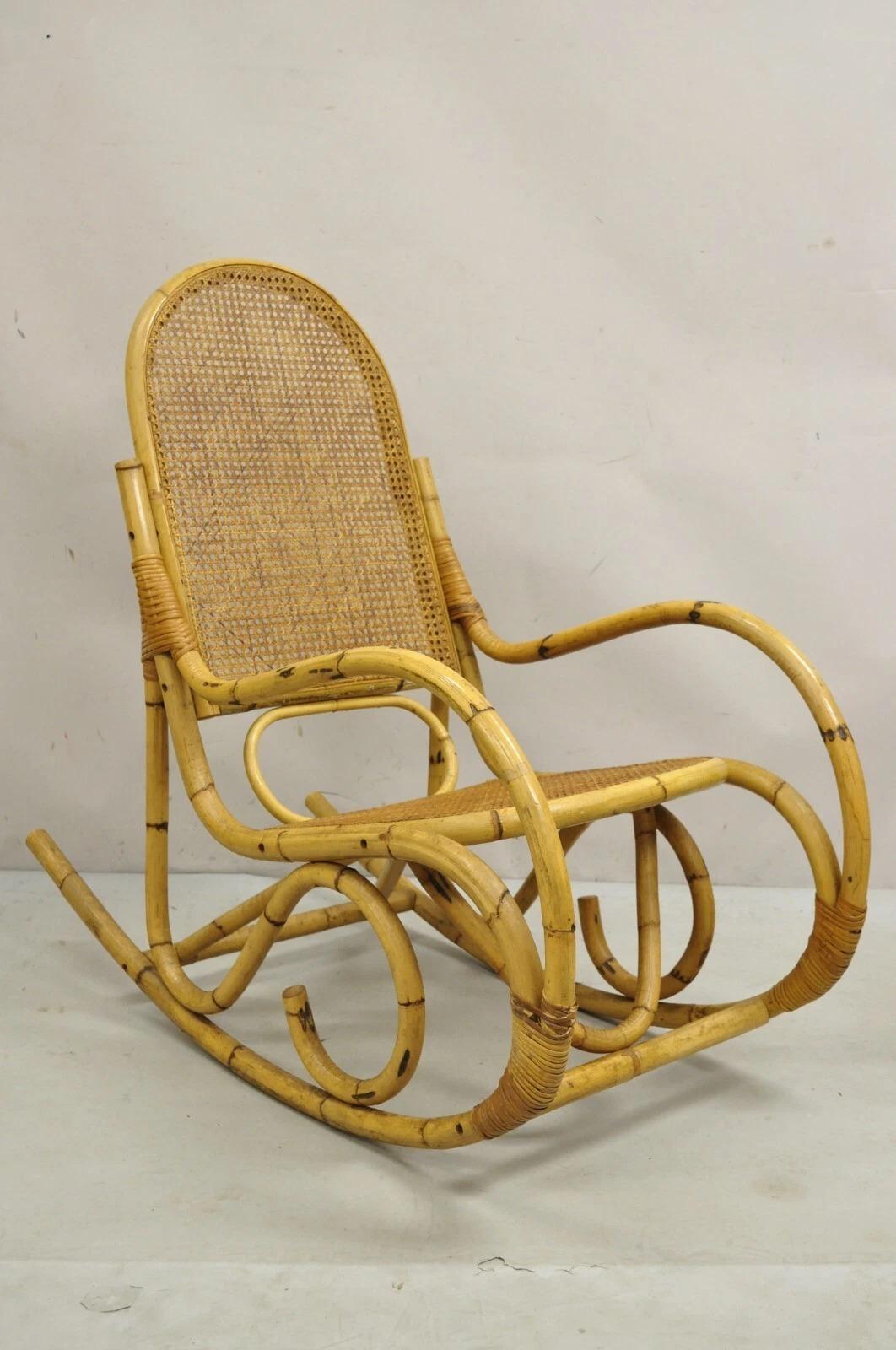 Vintage Mid Century Modern Bentwood Bamboo Rattan Cane Rocking Chair Rocker For Sale 5