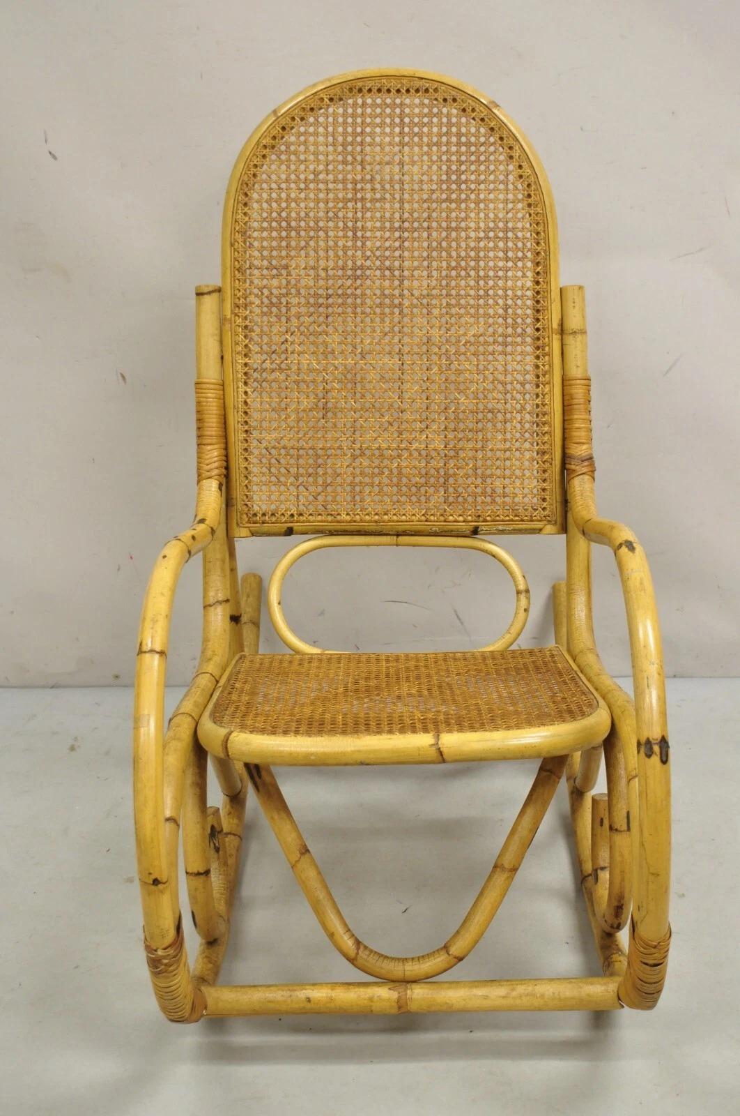 Vintage Mid Century Modern Bentwood Bamboo Rattan Cane Rocking Chair Rocker. Circa Mid 20th Century. Measurements: 40