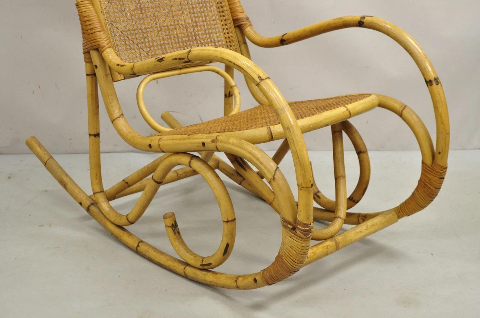 Mid-Century Modern Vintage Mid Century Modern Bentwood Bamboo Rattan Cane Rocking Chair Rocker For Sale