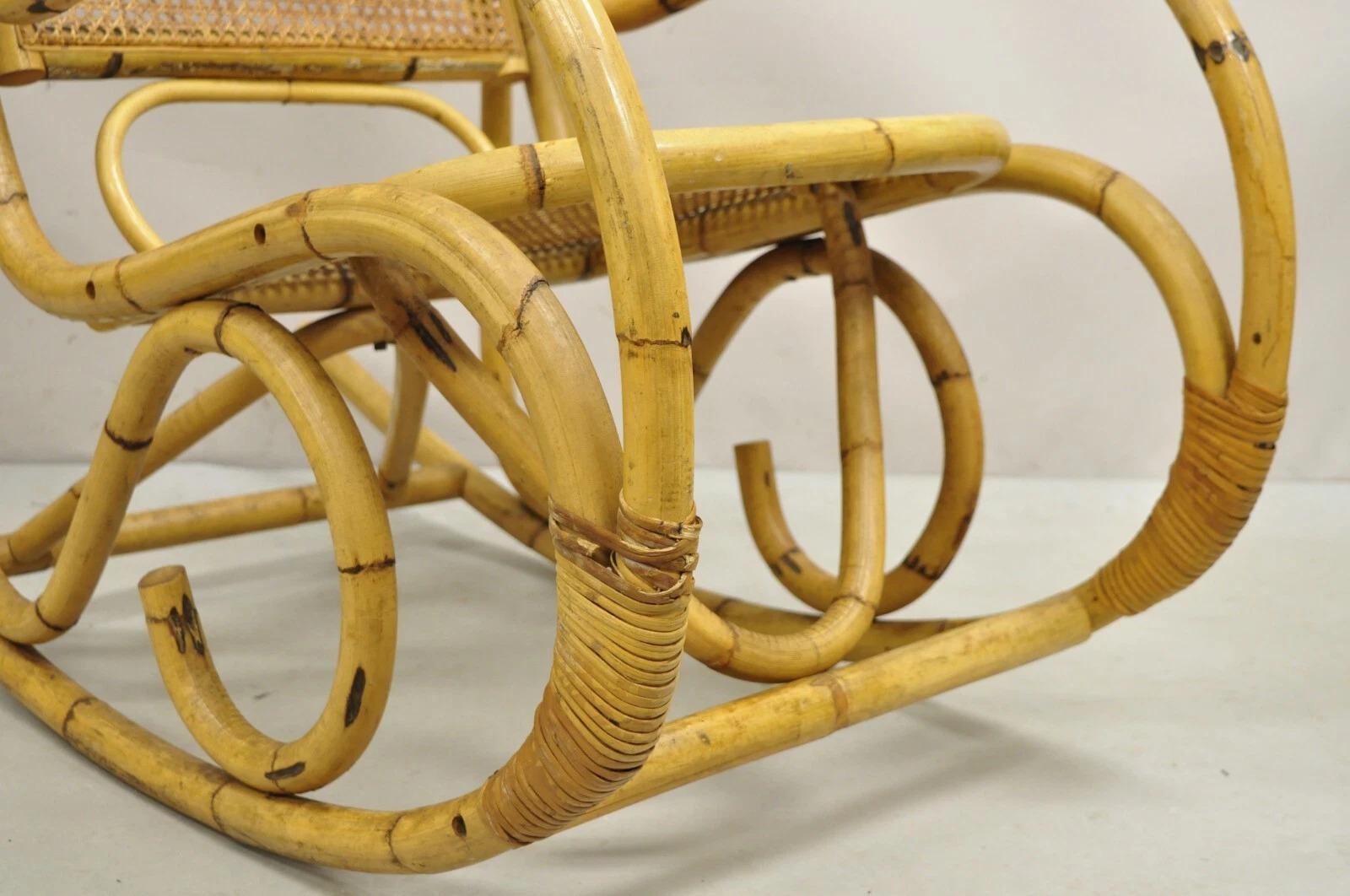 Wood Vintage Mid Century Modern Bentwood Bamboo Rattan Cane Rocking Chair Rocker For Sale