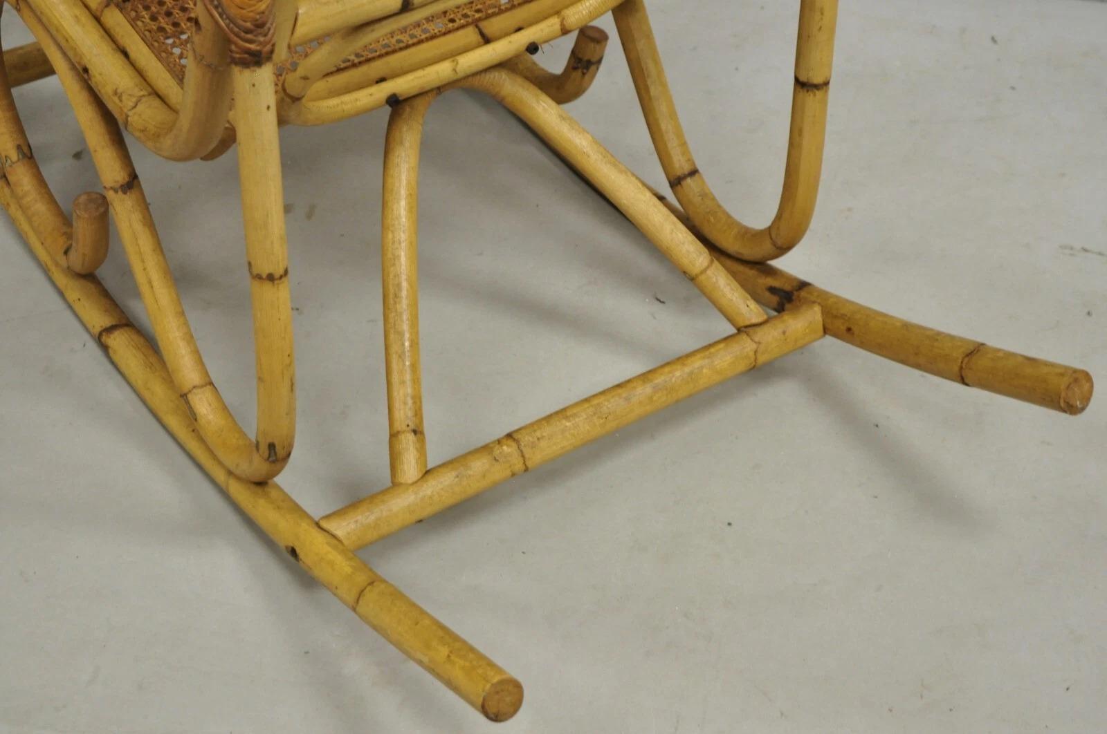 Vintage Mid Century Modern Bentwood Bamboo Rattan Cane Rocking Chair Rocker For Sale 2