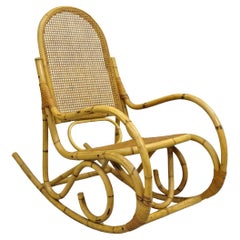Fauteuil à bascule Vintage Mid Century Modern Bentwood Bamboo Rattan Cane Rocking Chair